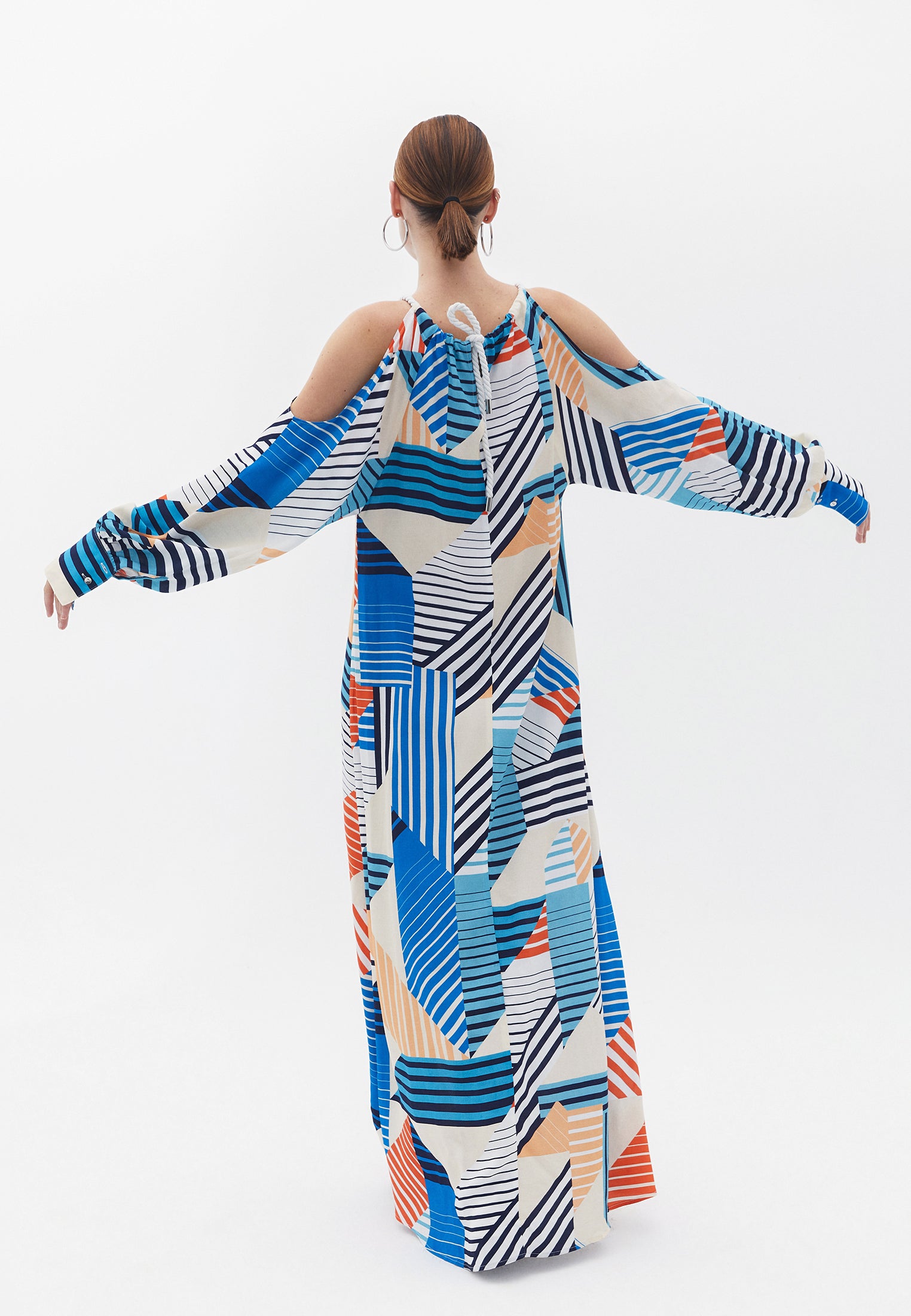 Halter Neck Maxi Printed Dress With Slit And Tie - STRIPE MIX COMB