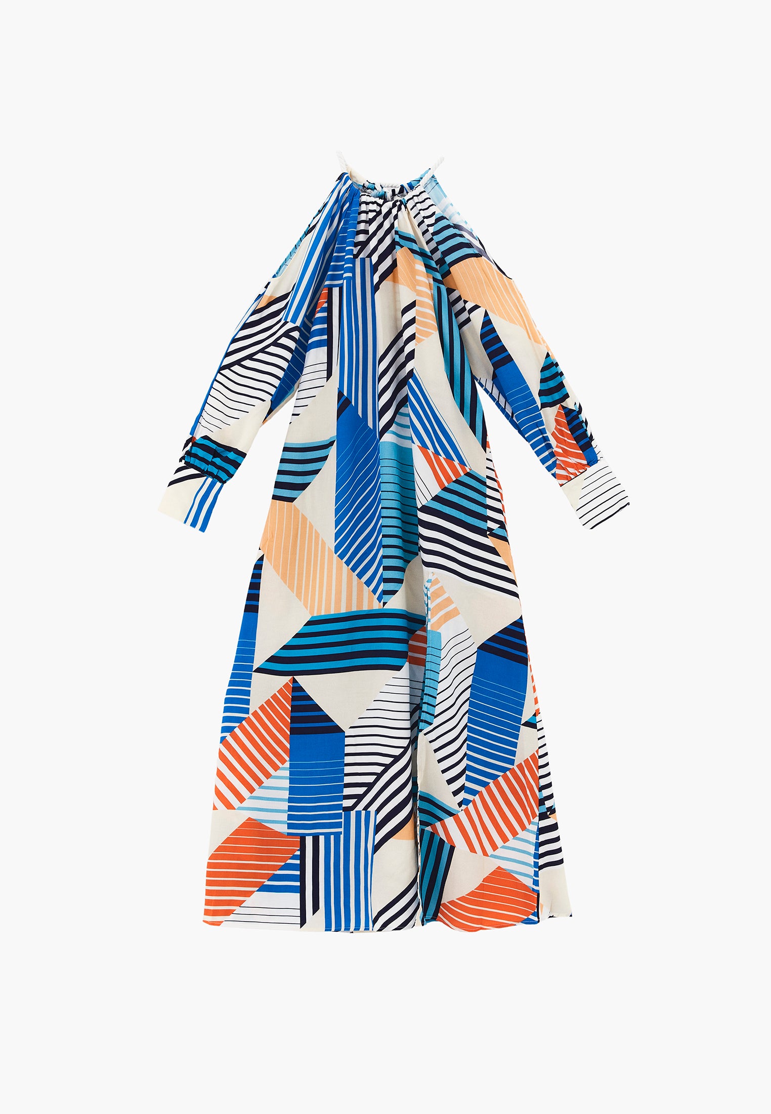 Halter Neck Maxi Printed Dress With Slit And Tie - STRIPE MIX COMB
