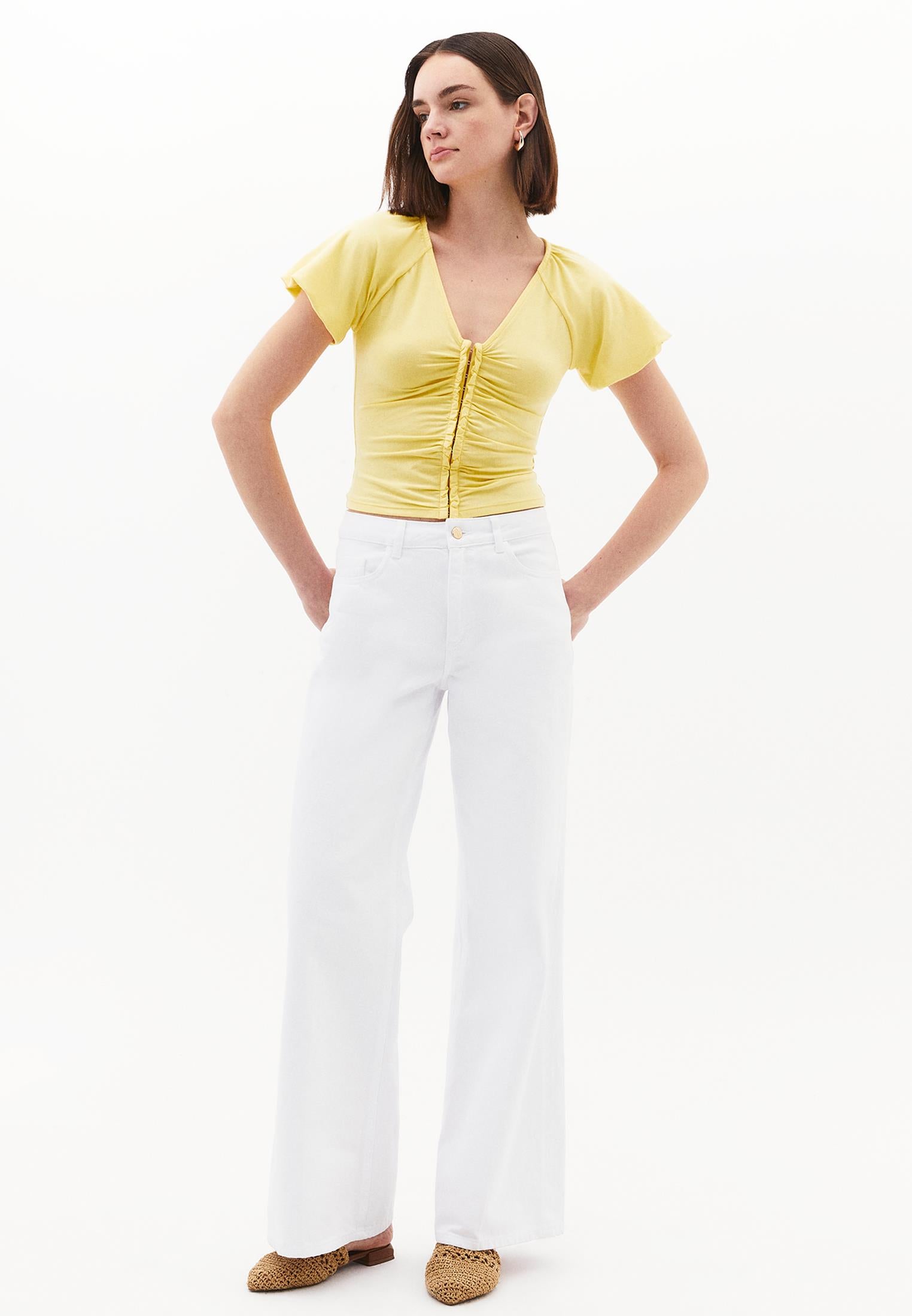 V Neck Balloon Sleeve Blouse - SUNSHINE