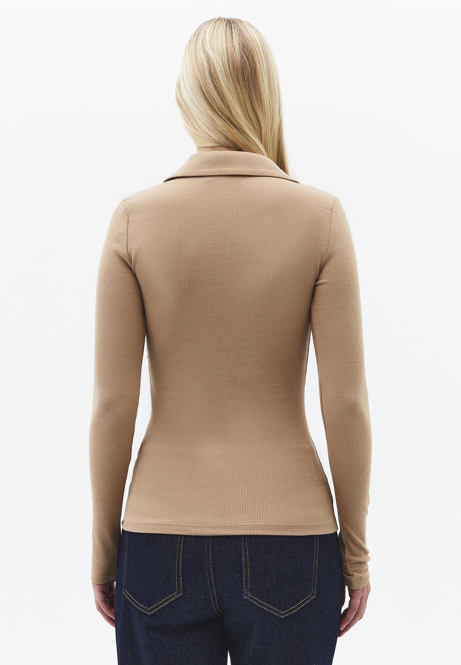Polo Collar Zip Detailed Long Sleeve T-Shirt - TANNIN