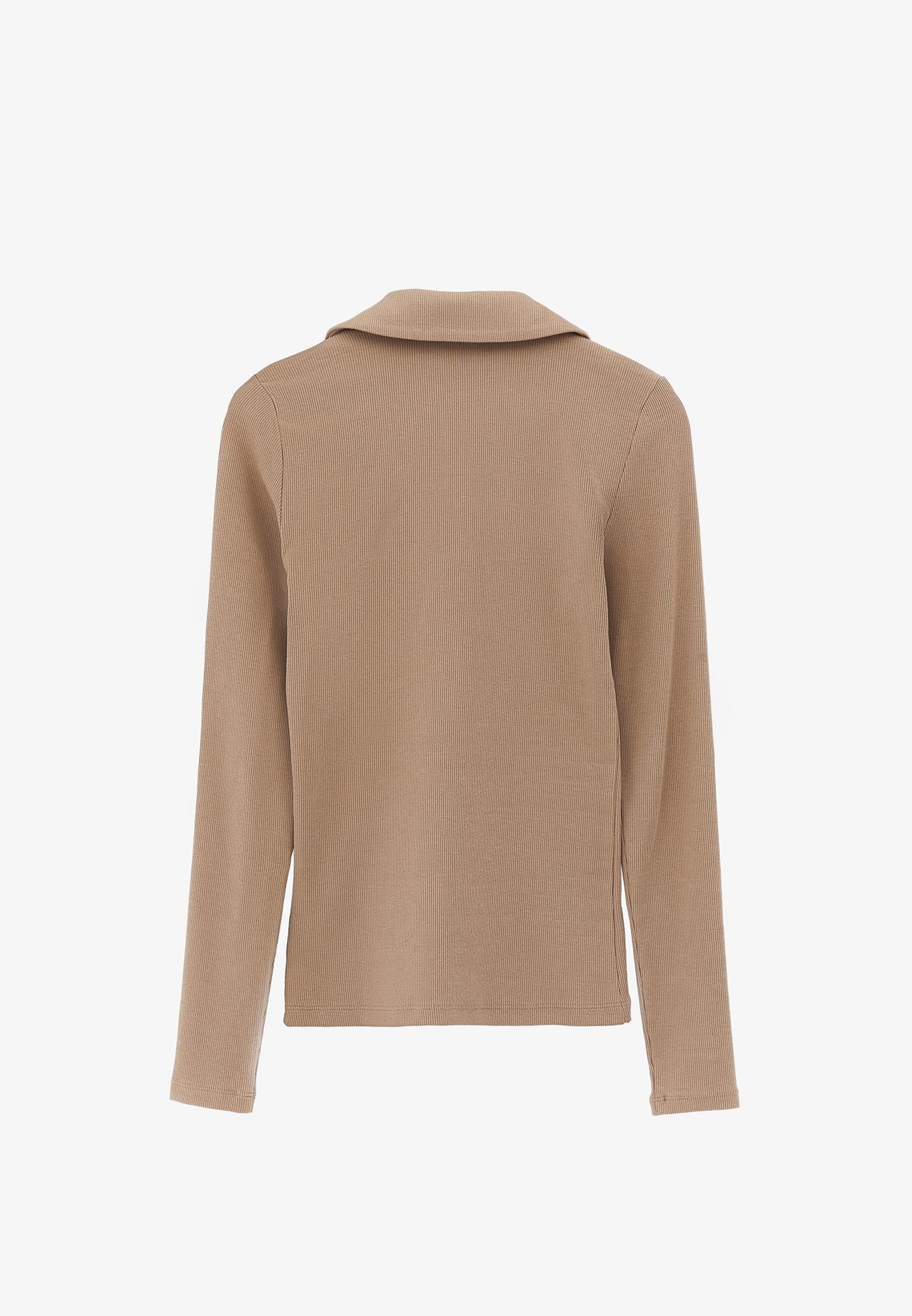 Polo Collar Zip Detailed Long Sleeve T-Shirt - TANNIN