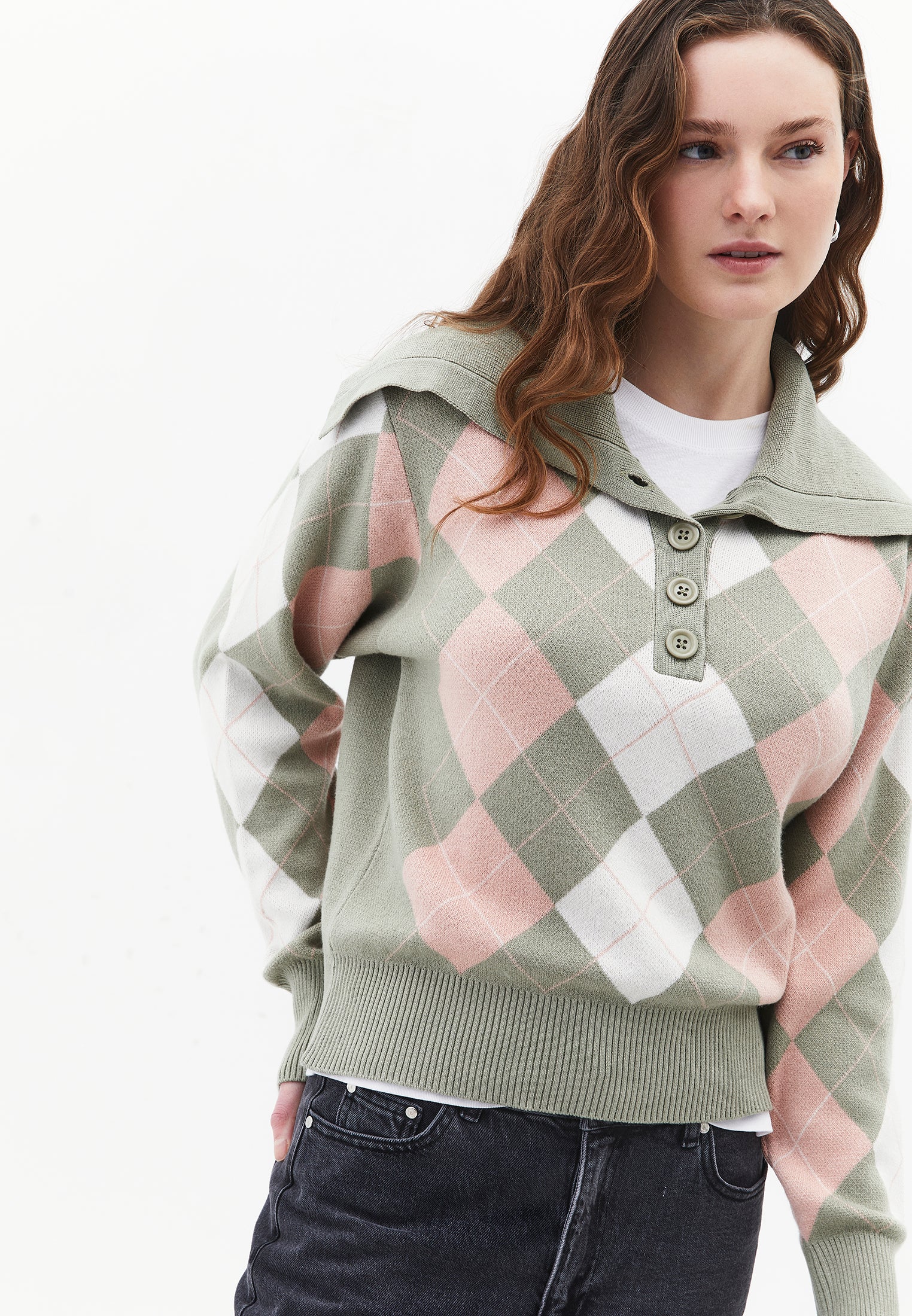 Loose Sweater With Polo Neck Button Detail - TEA COMB