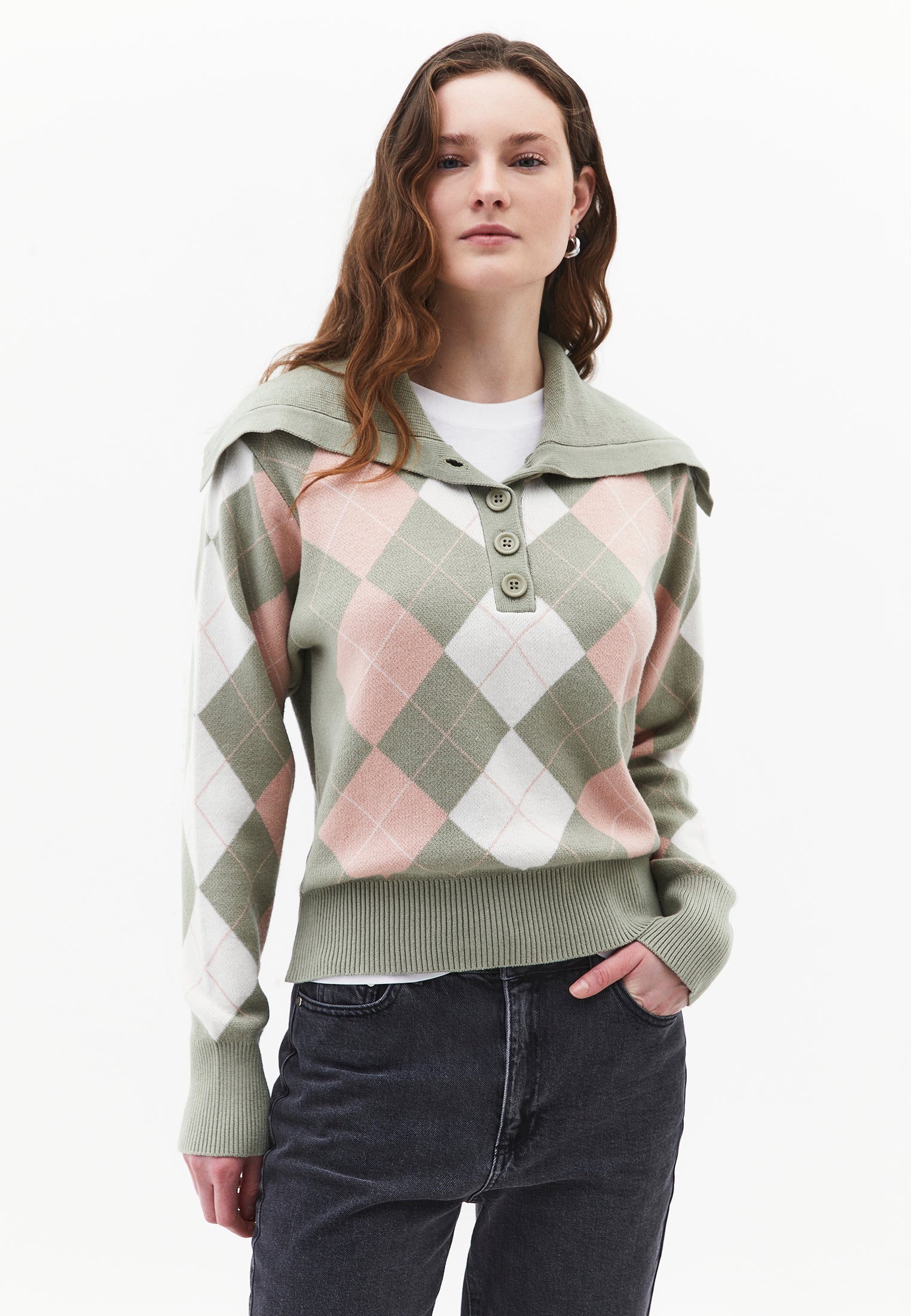 Loose Sweater With Polo Neck Button Detail - TEA COMB