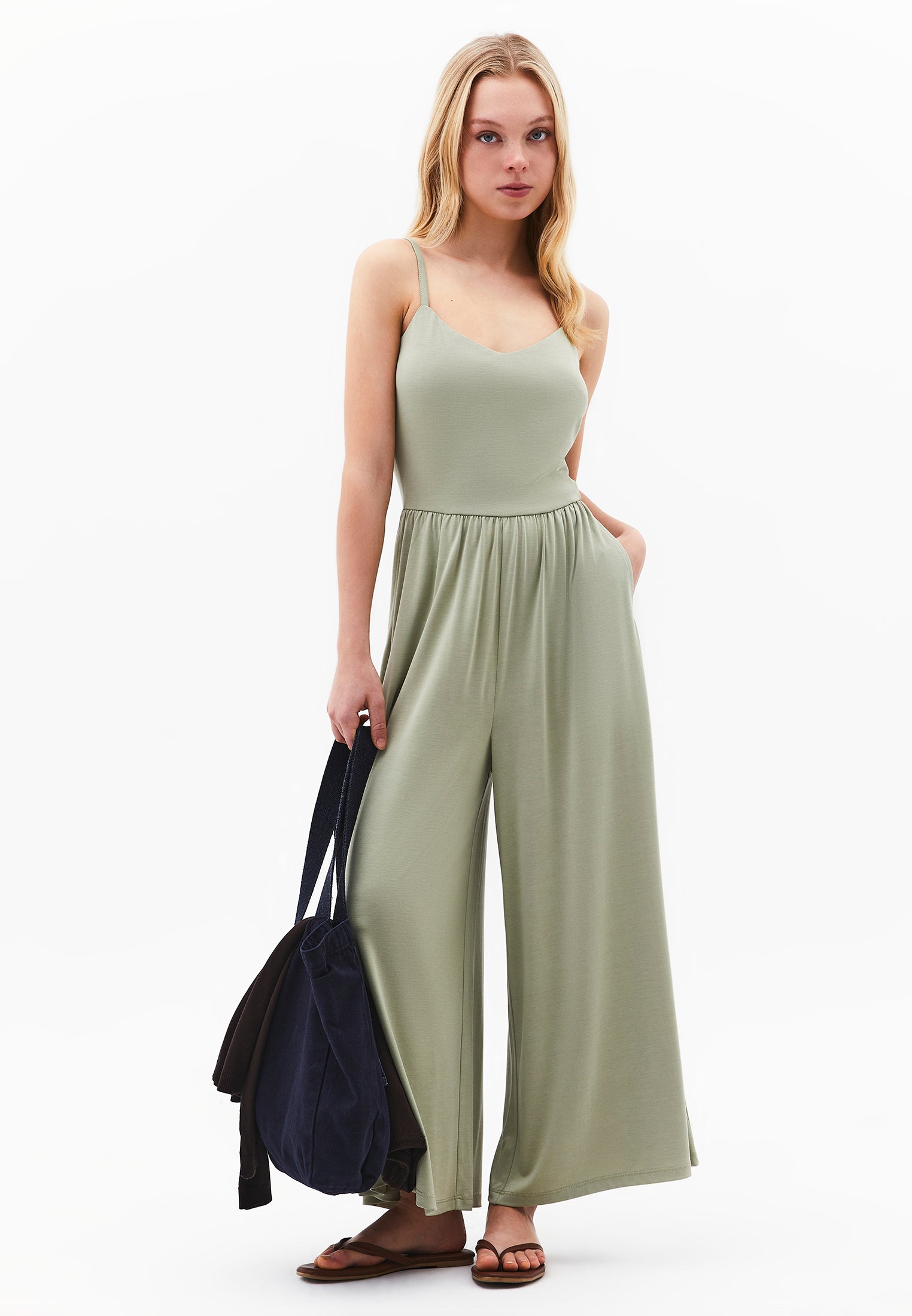 V Neck Long Jumpsuit - TEA