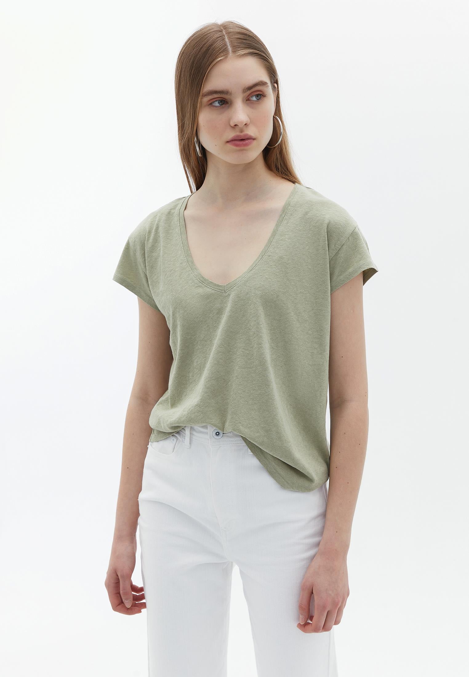 V Neck Linen T-Shirt - TEA