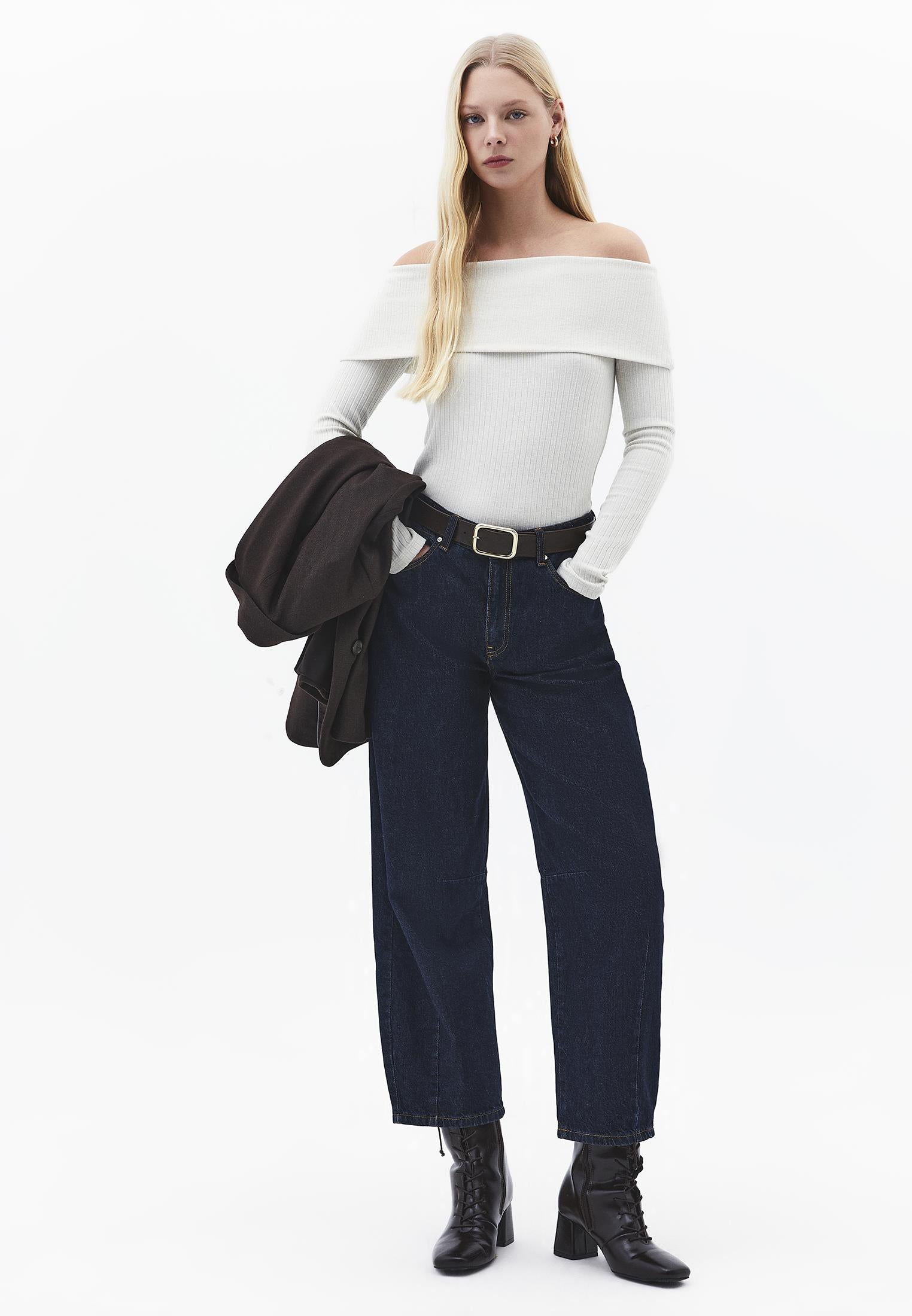 Drop Shoulder Long Sleeve Knit Sweater - TEA