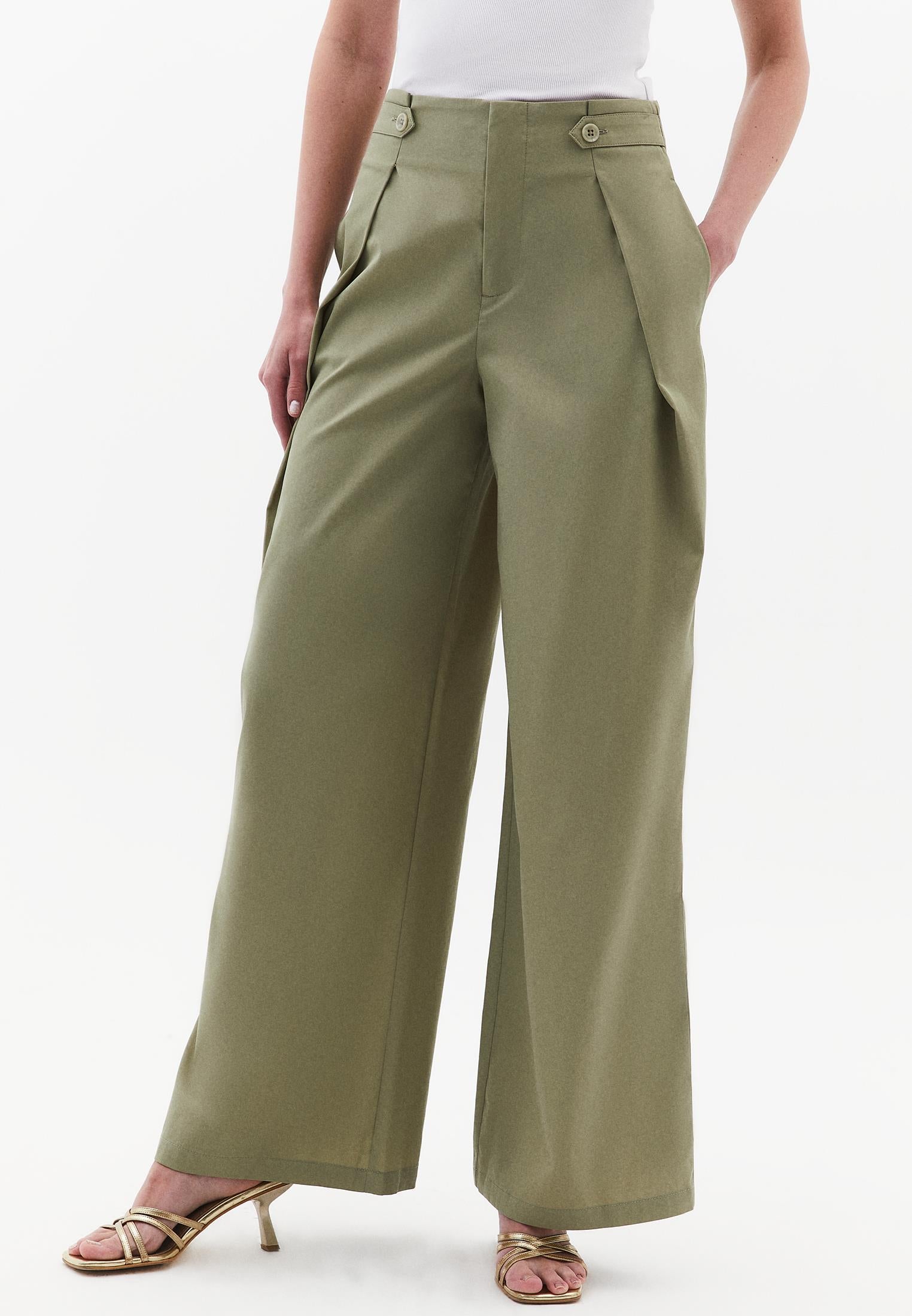 Pleated High Waist Trousers With Button Details - TEA