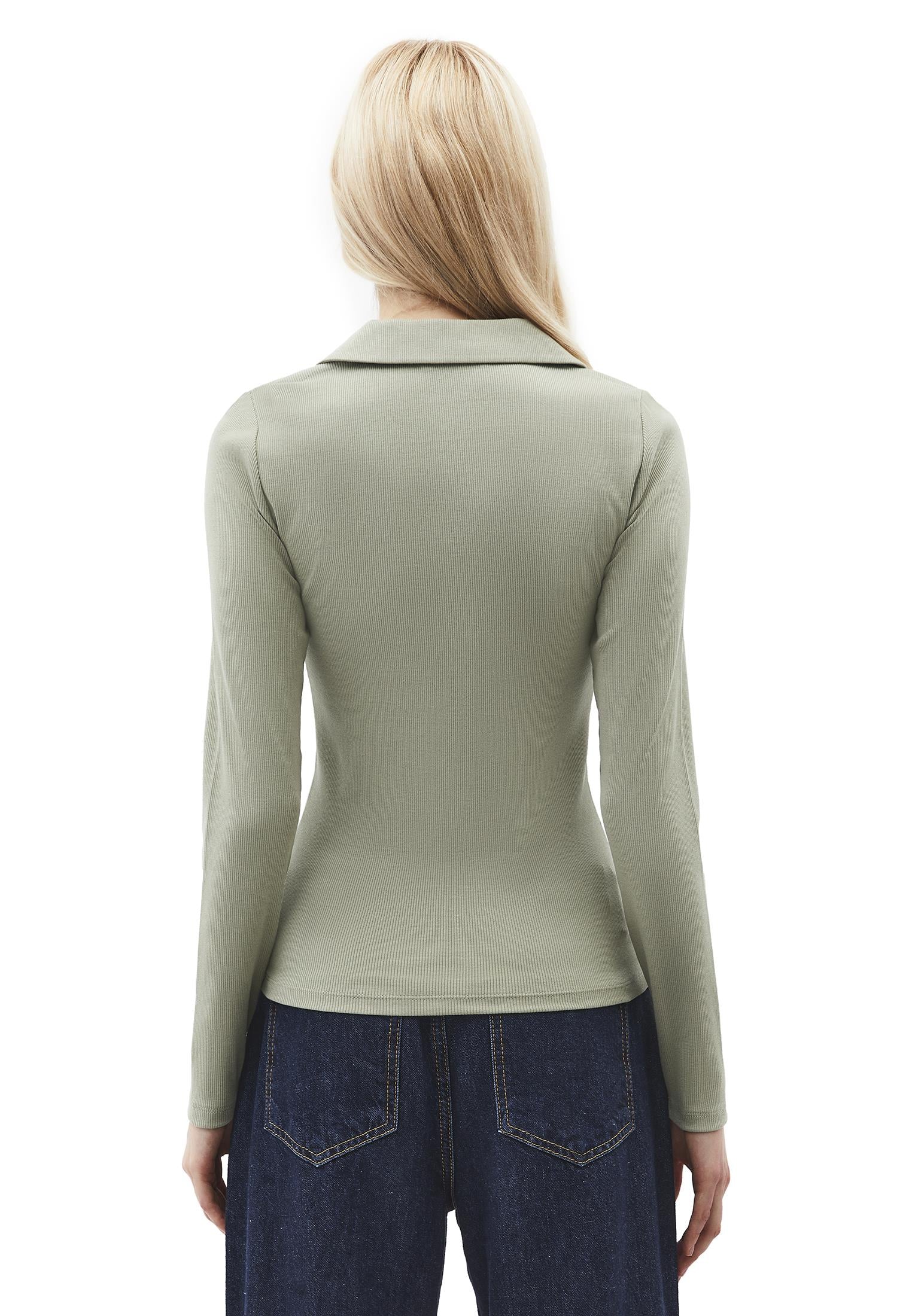 Polo Collar Long Sleeve Bodycon T-Shirt - TEA