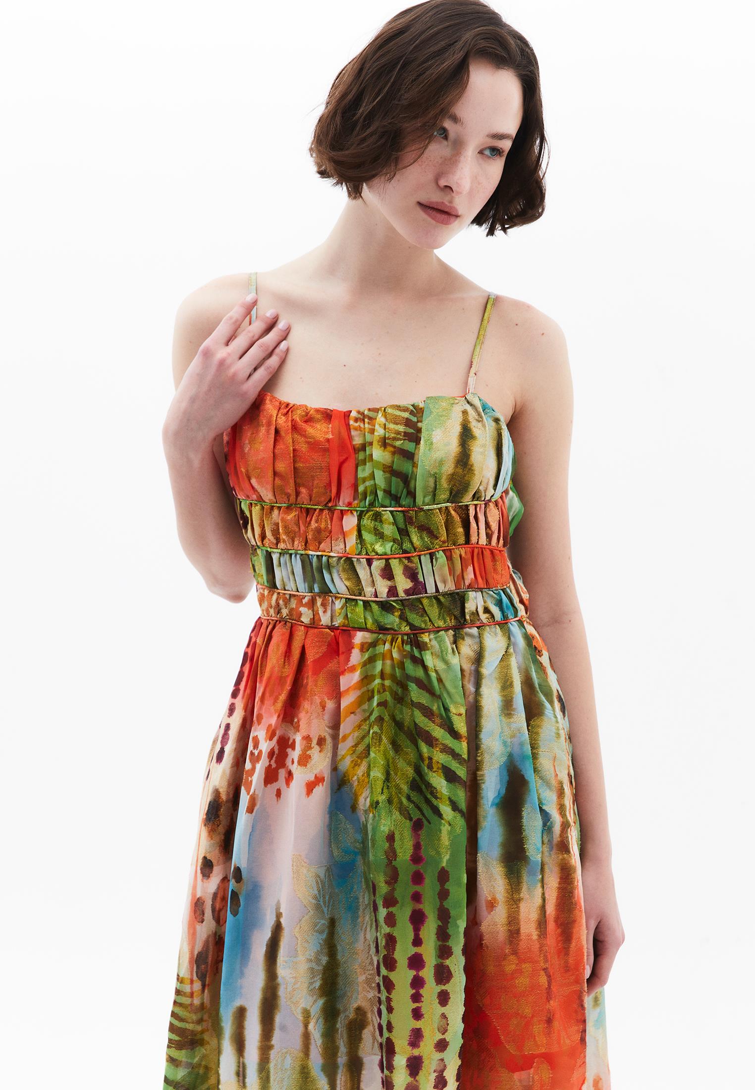 V Neck Sleeveless Long A-Line Dress - TROPICAL COMB