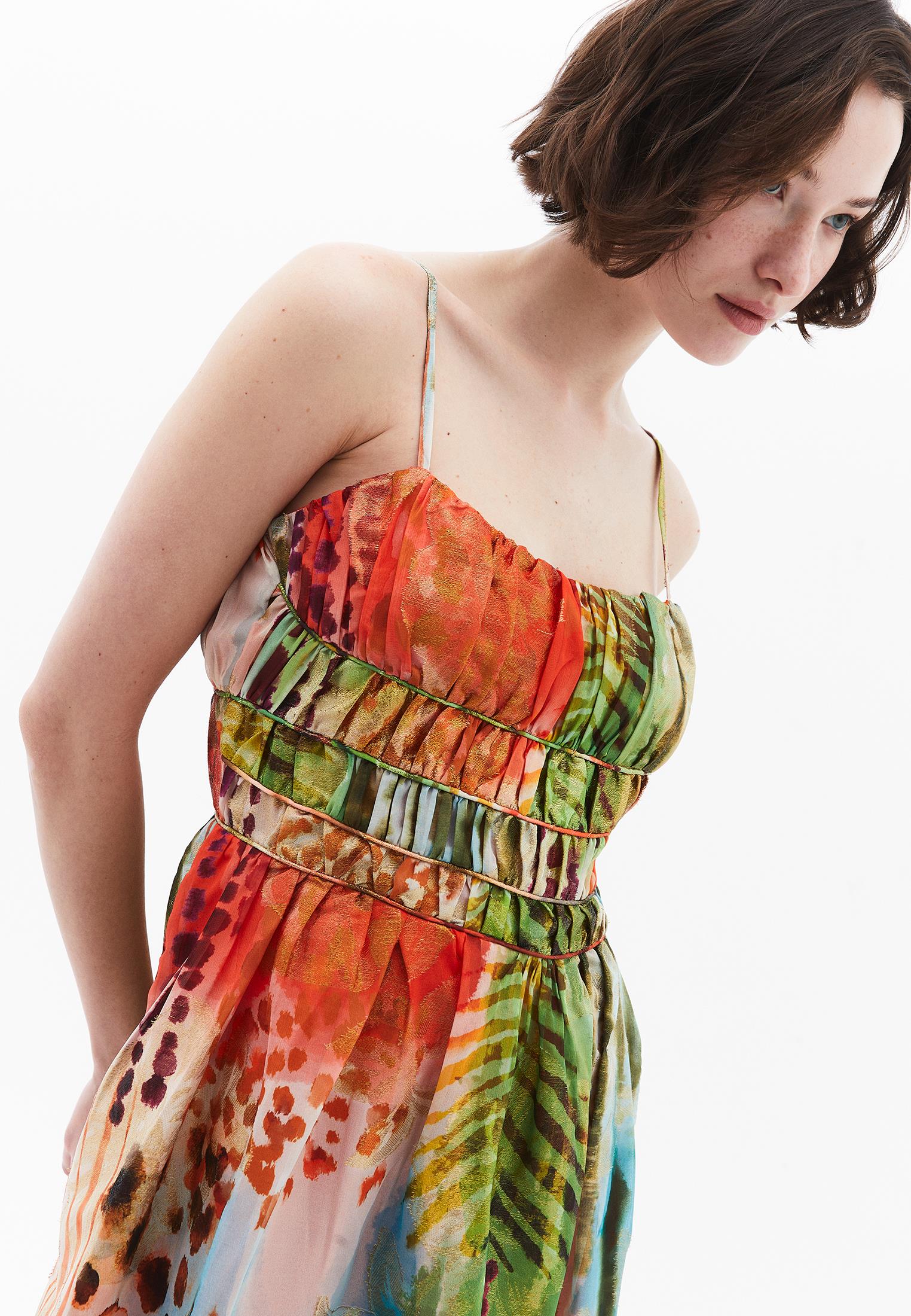 V Neck Sleeveless Long A-Line Dress - TROPICAL COMB