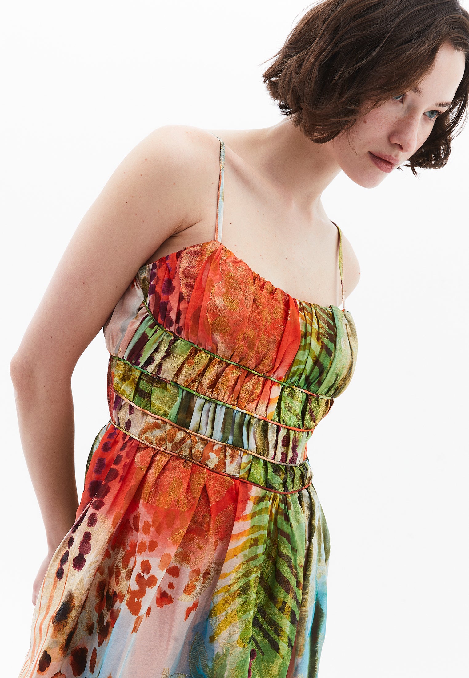V Neck Sleeveless Long A-Line Dress - TROPICAL COMB