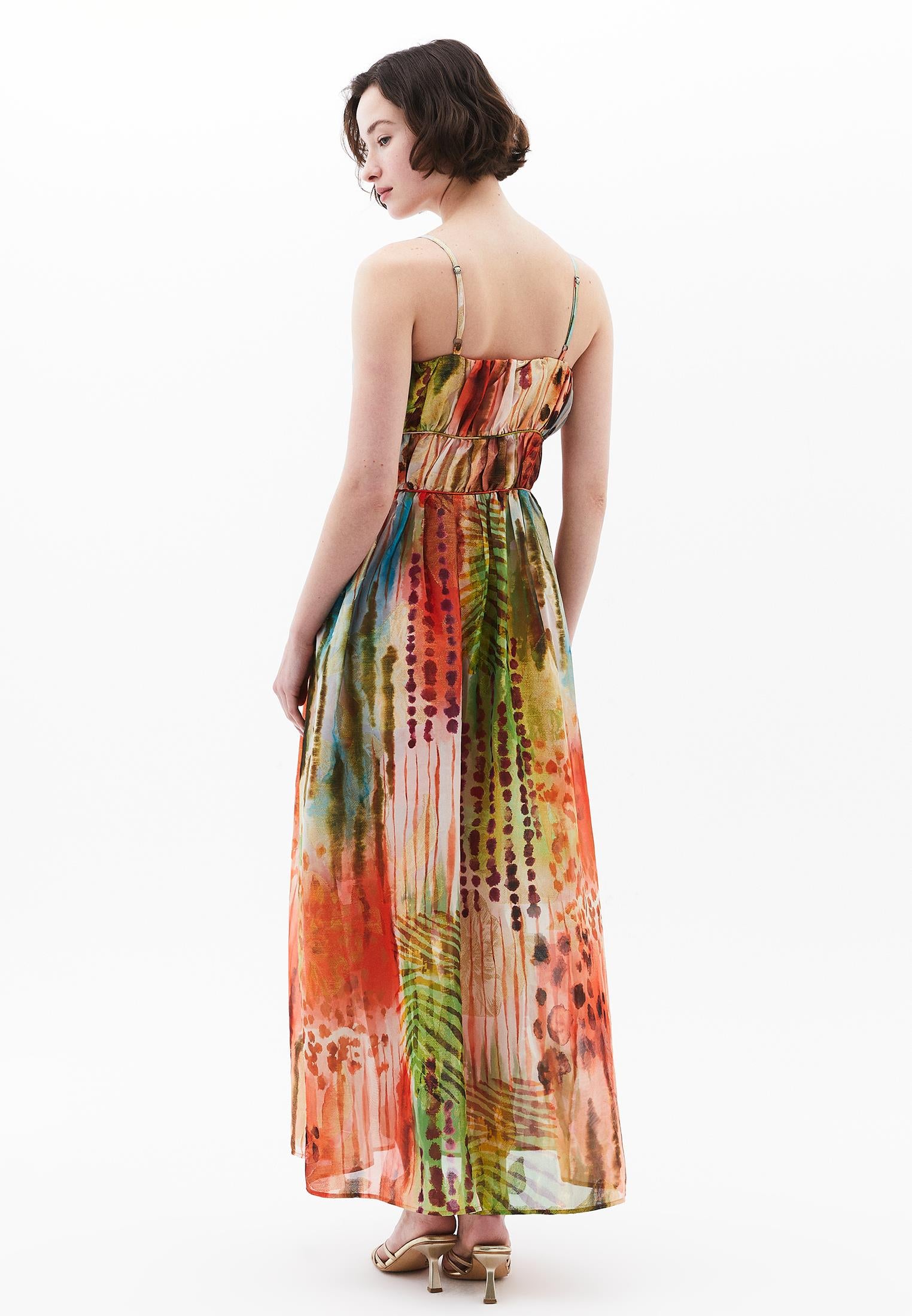 V Neck Sleeveless Long A-Line Dress - TROPICAL COMB