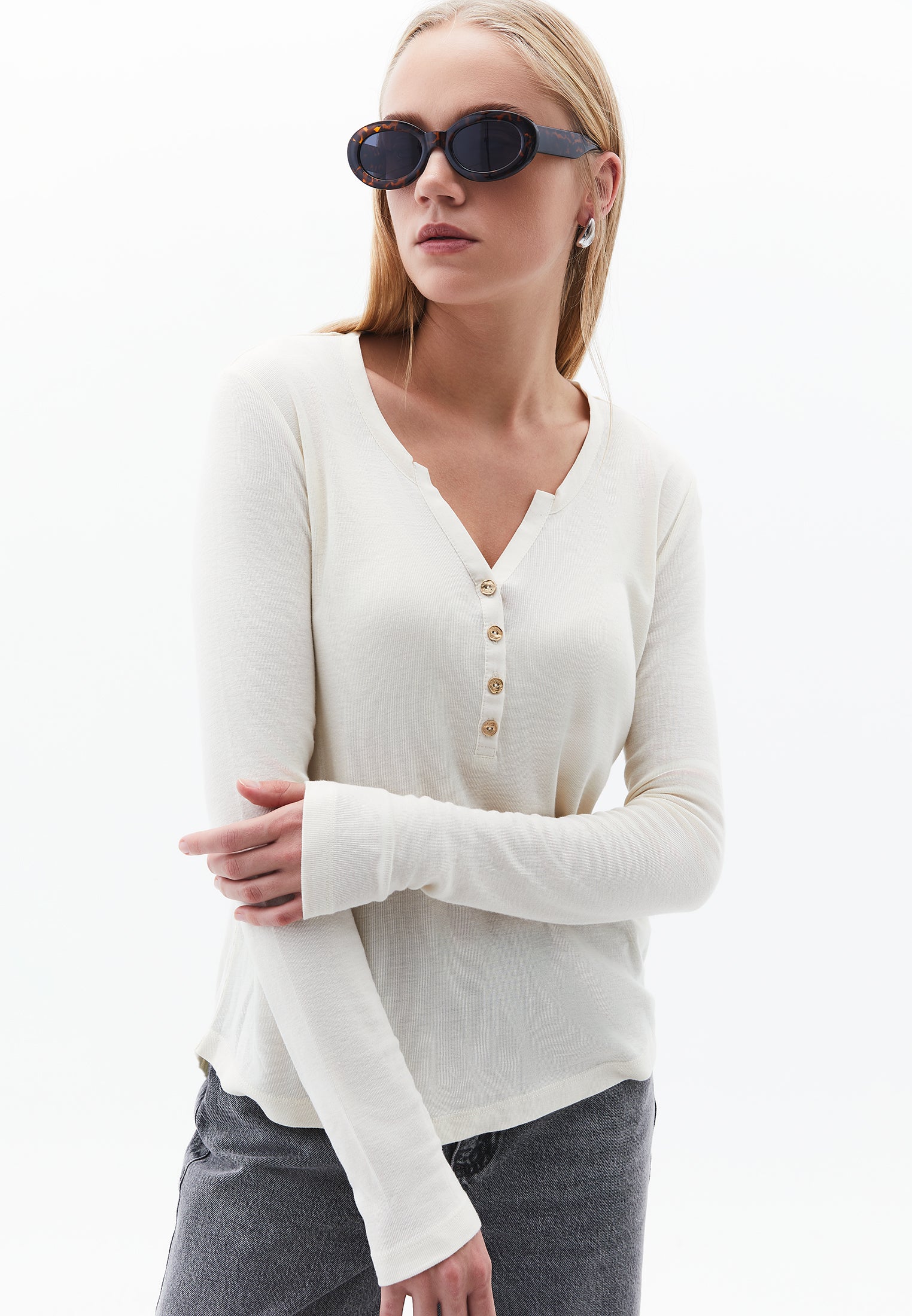 Polo Collar Buttoned T-Shirt - TURTLEDOVE