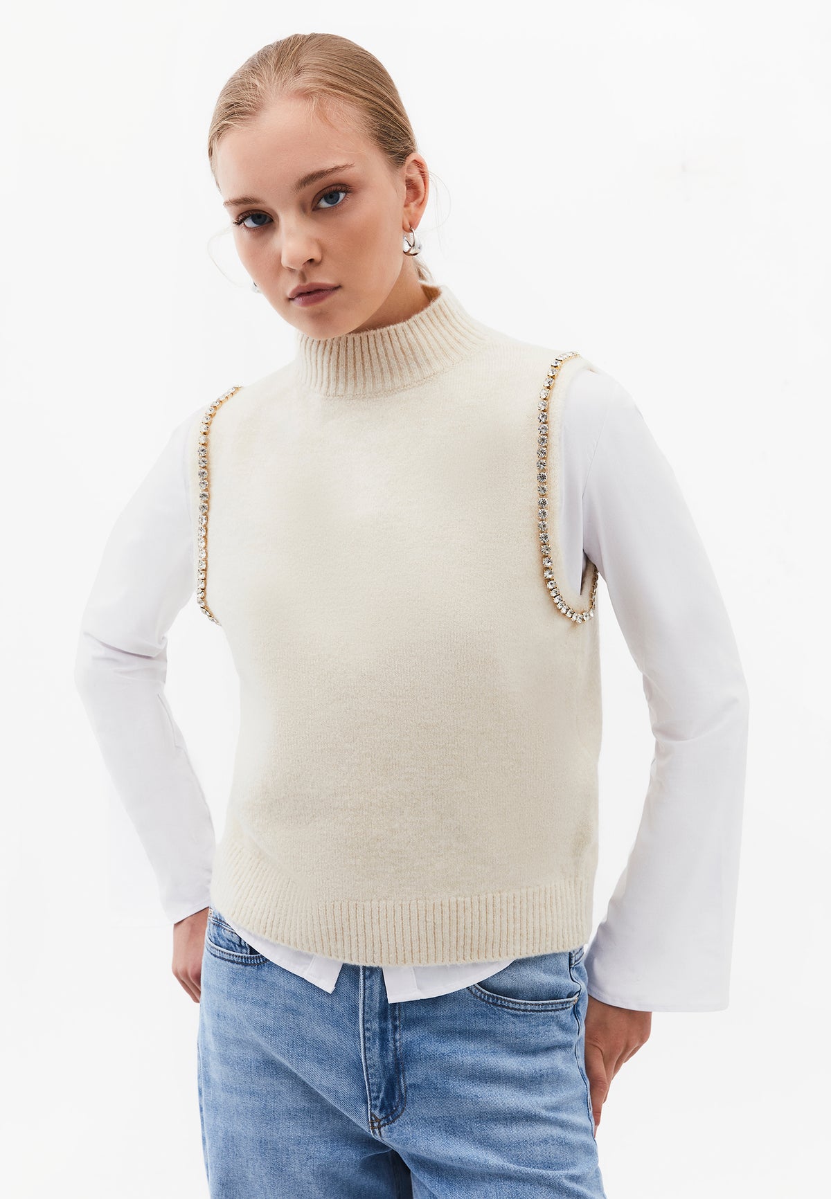 Vest With High Collar And Stone Detail - TURTLEDOVE