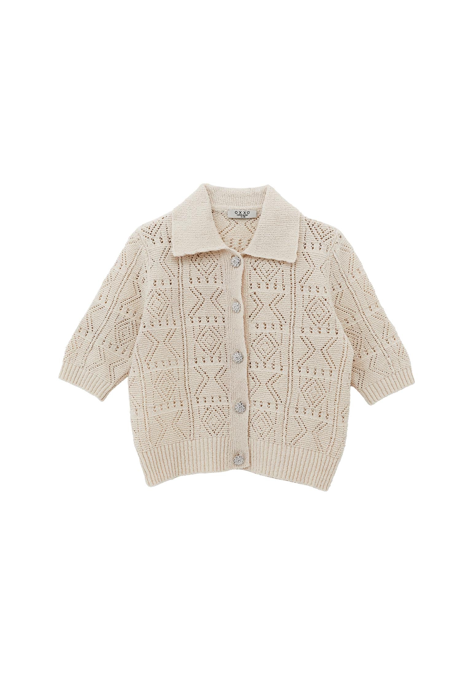 Ajour Short Cardigan With Polo Collar - TURTLEDOVE
