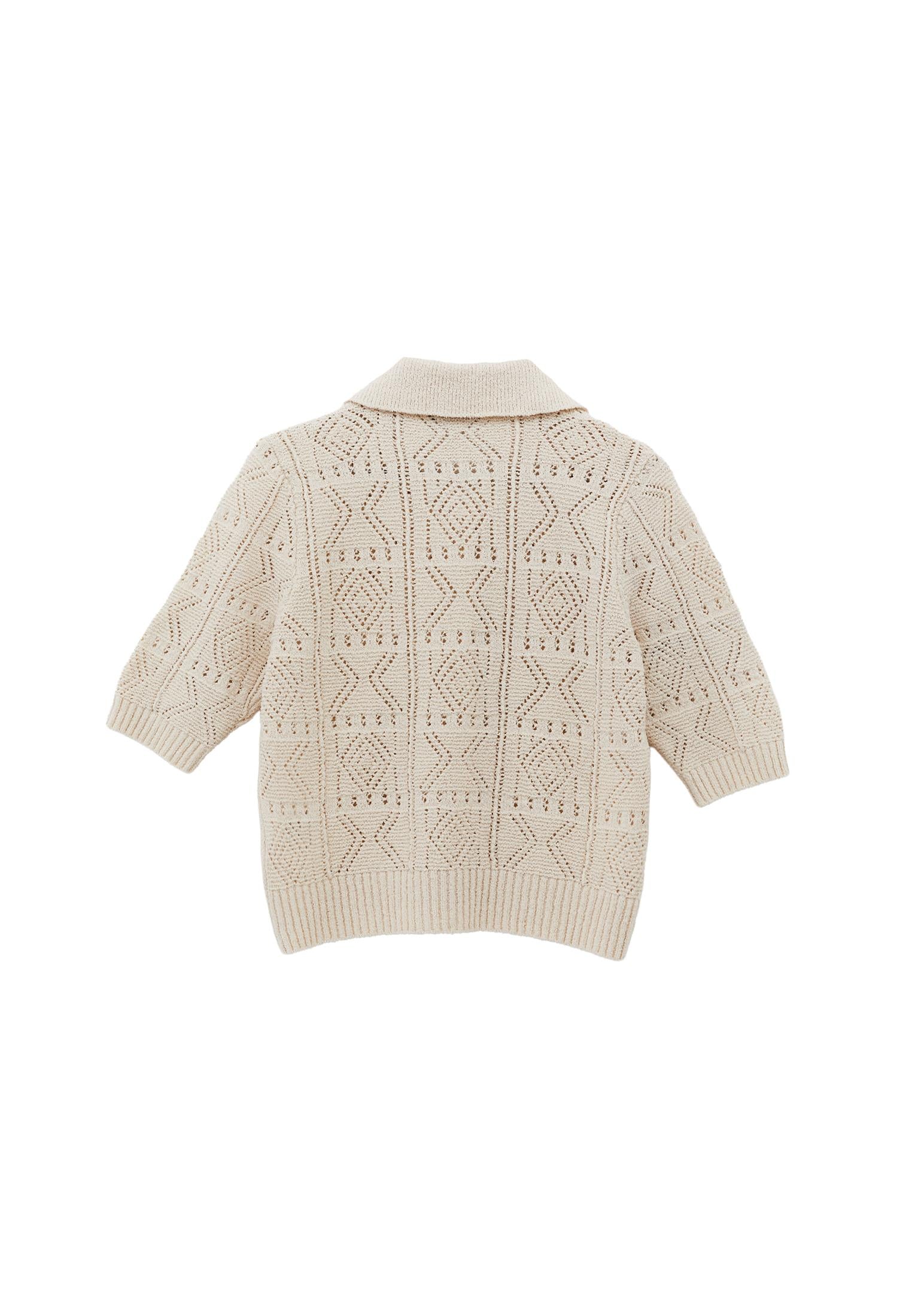 Ajour Short Cardigan With Polo Collar - TURTLEDOVE