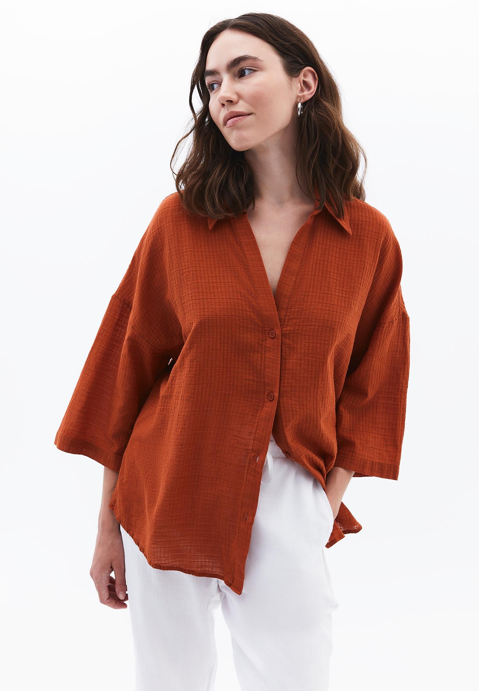 Oversized Shirt With Button Details - UMBER