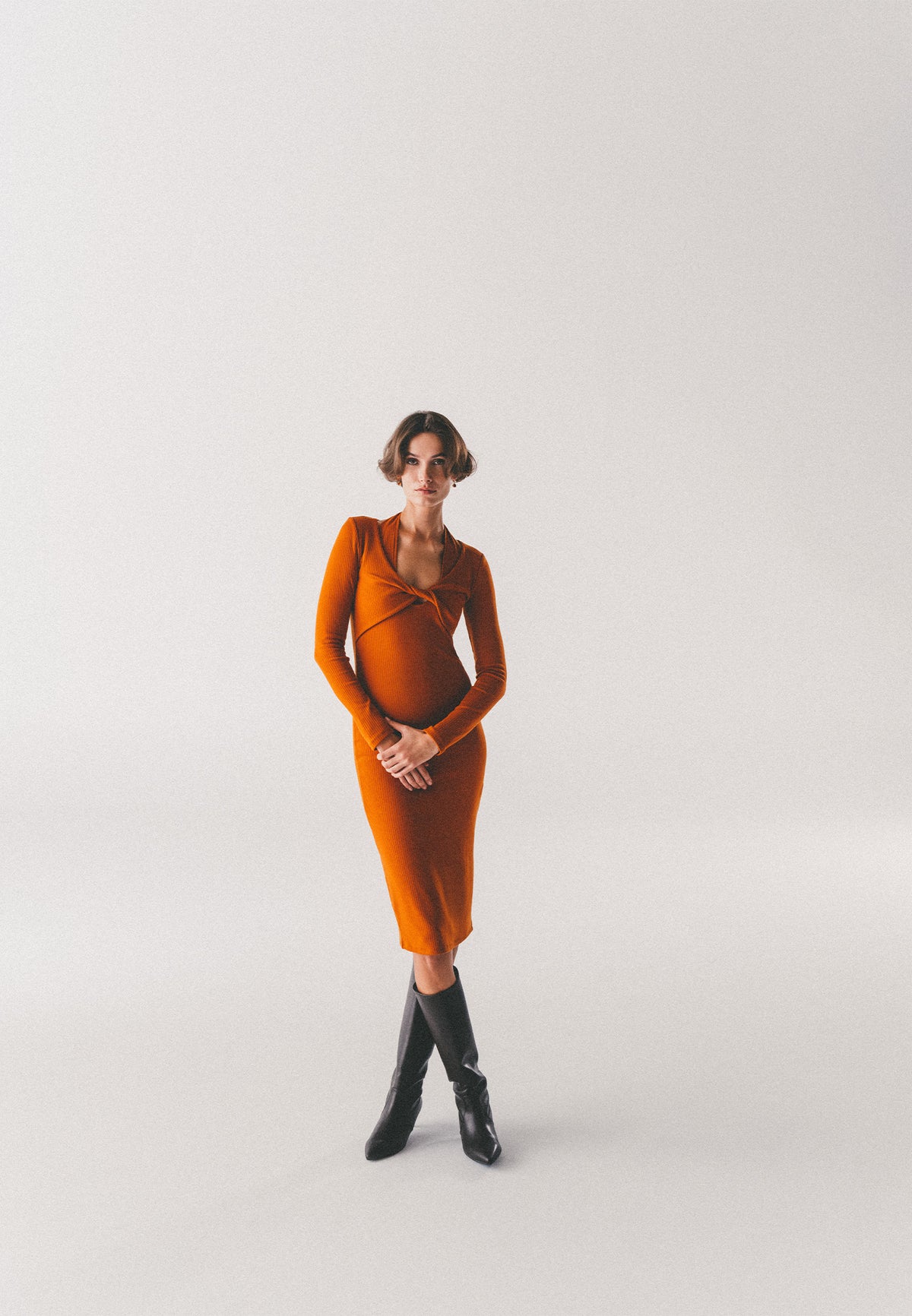 V Neck With Twisted Waist Long Sleeve Dress - UMBER