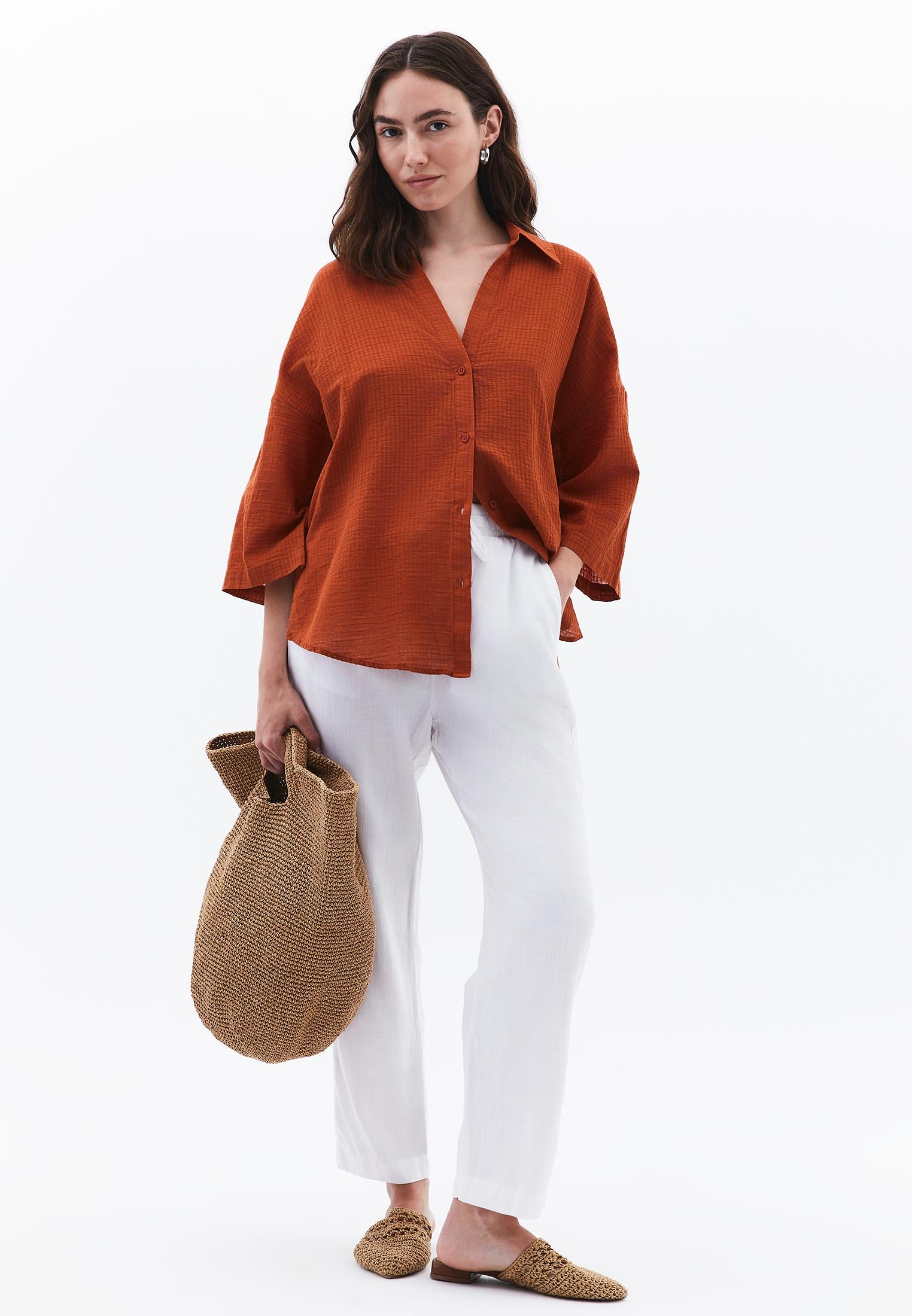 Oversized Shirt With Button Details - UMBER