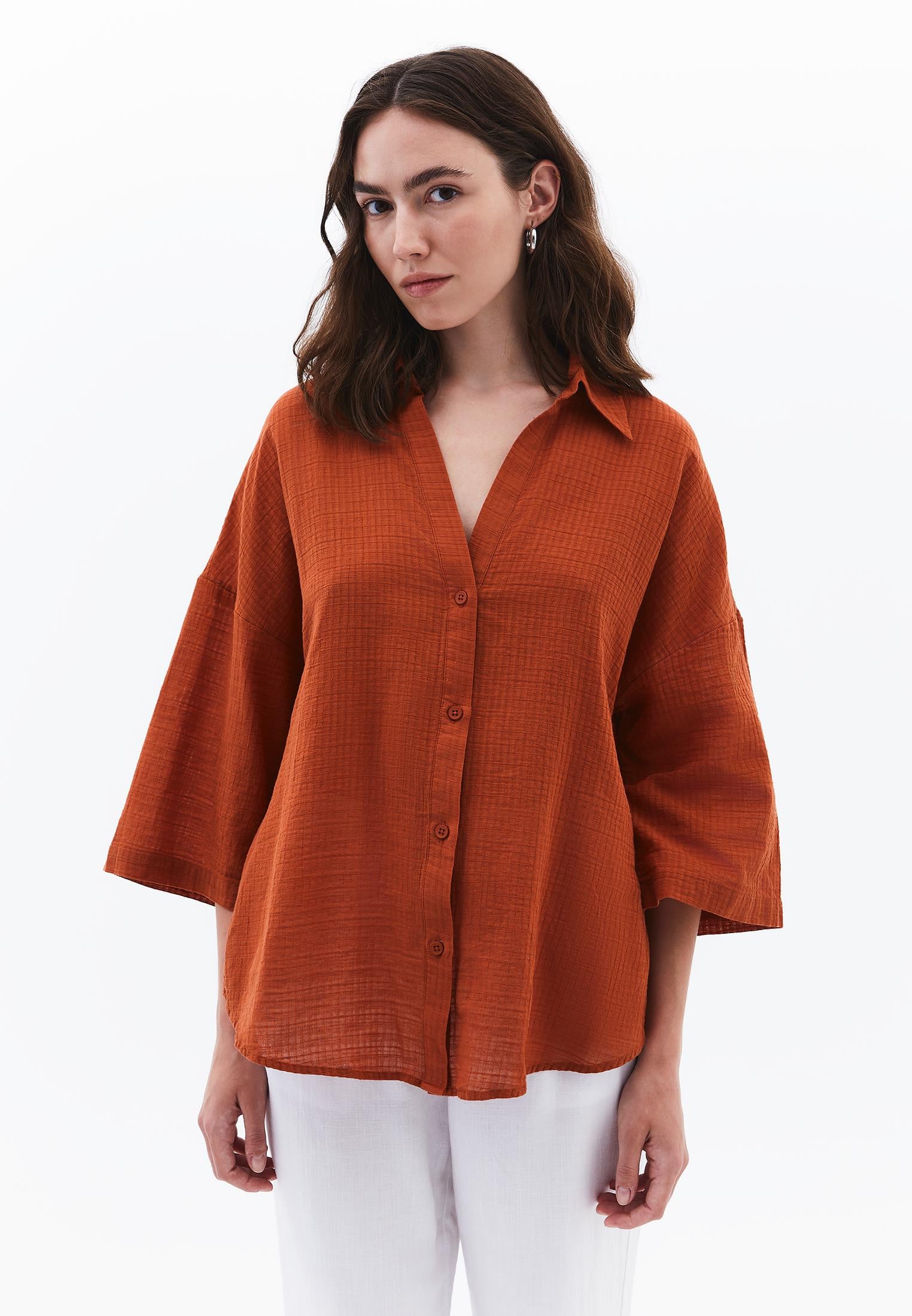 Oversized Shirt With Button Details - UMBER
