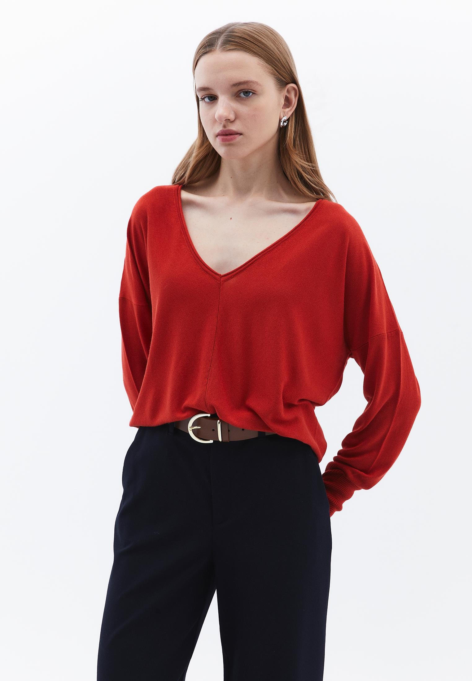 V Neck Long Sleeve Knitwear - VALIANT POPPY