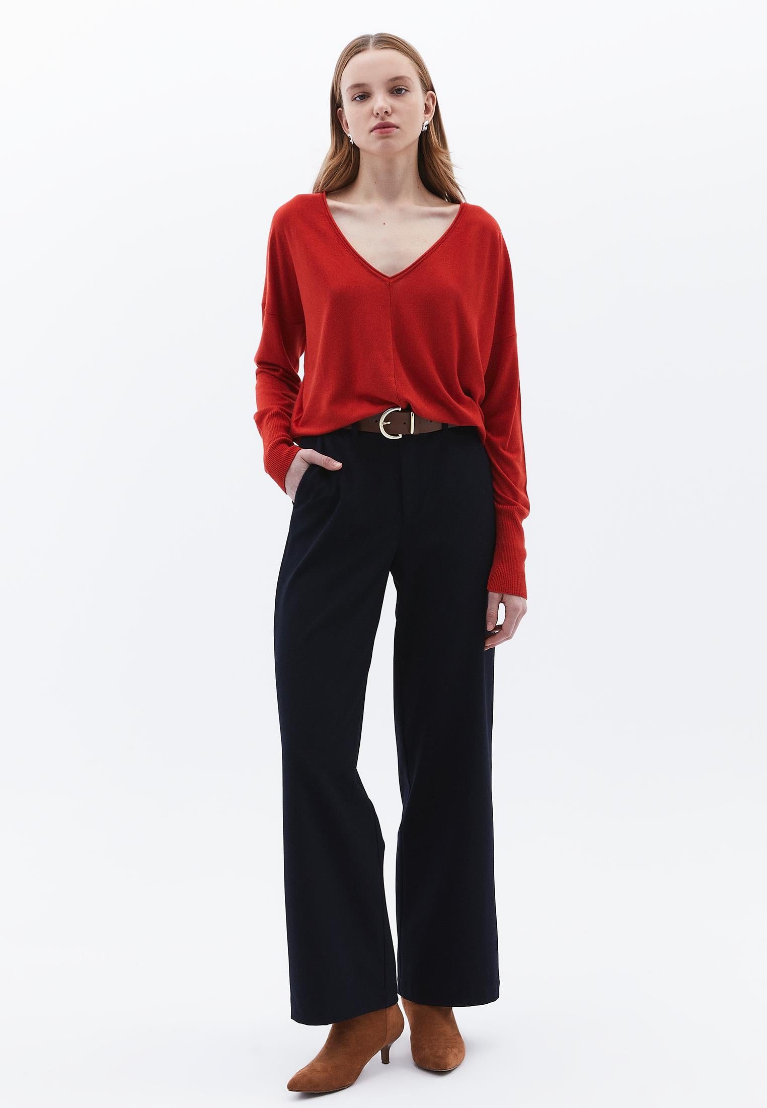 V Neck Long Sleeve Knitwear - VALIANT POPPY