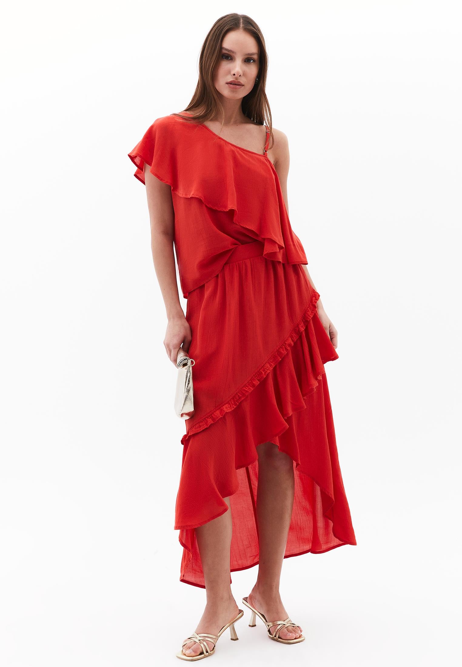 Sleeveless Ruffled Blouse With Dropped Shoulder - VALIANT POPPY