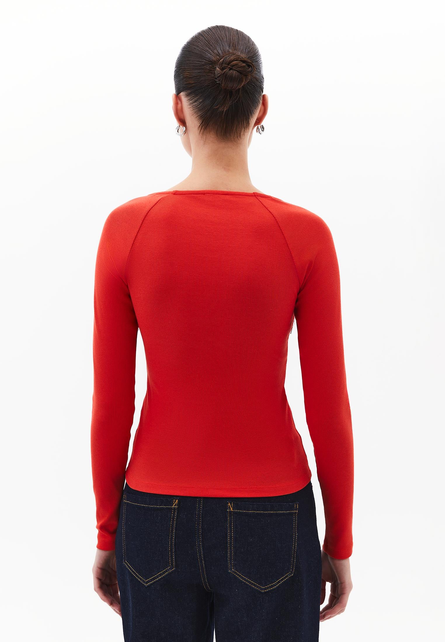 Ribbed Fabric Button Detailed V Neck Long Sleeve T-Shirt - VALIANT POPPY