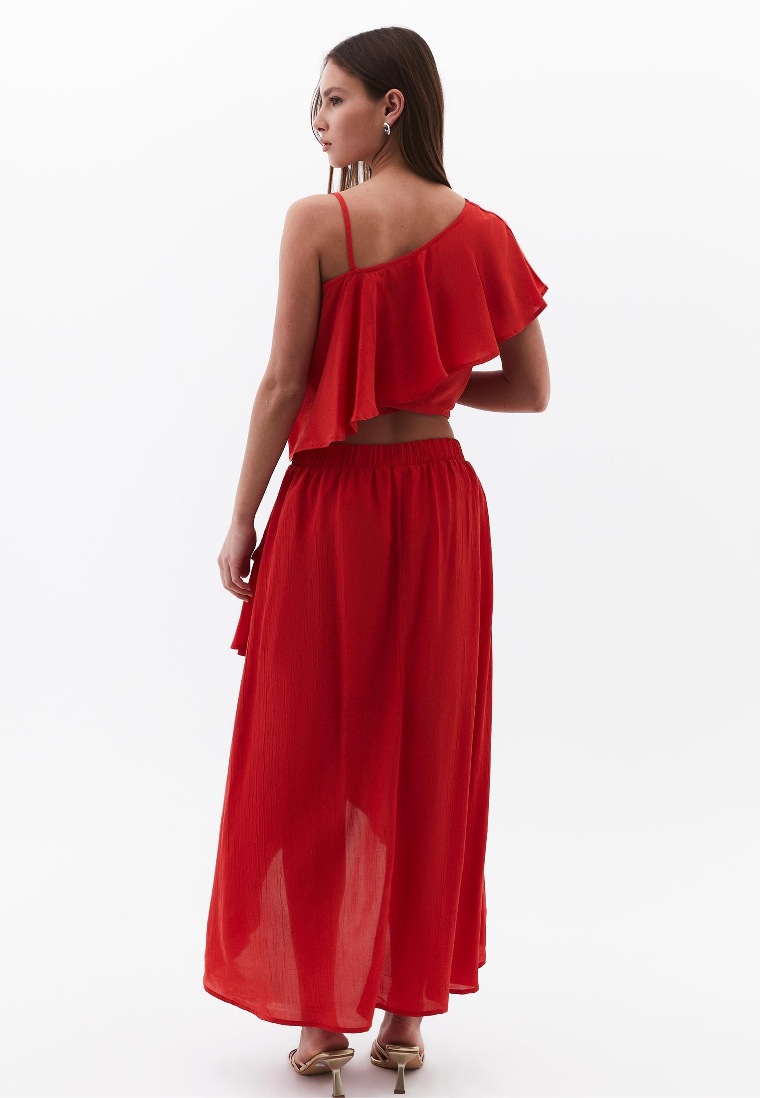 Long A-Line Skirt With Ruffle Details - VALIANT POPPY