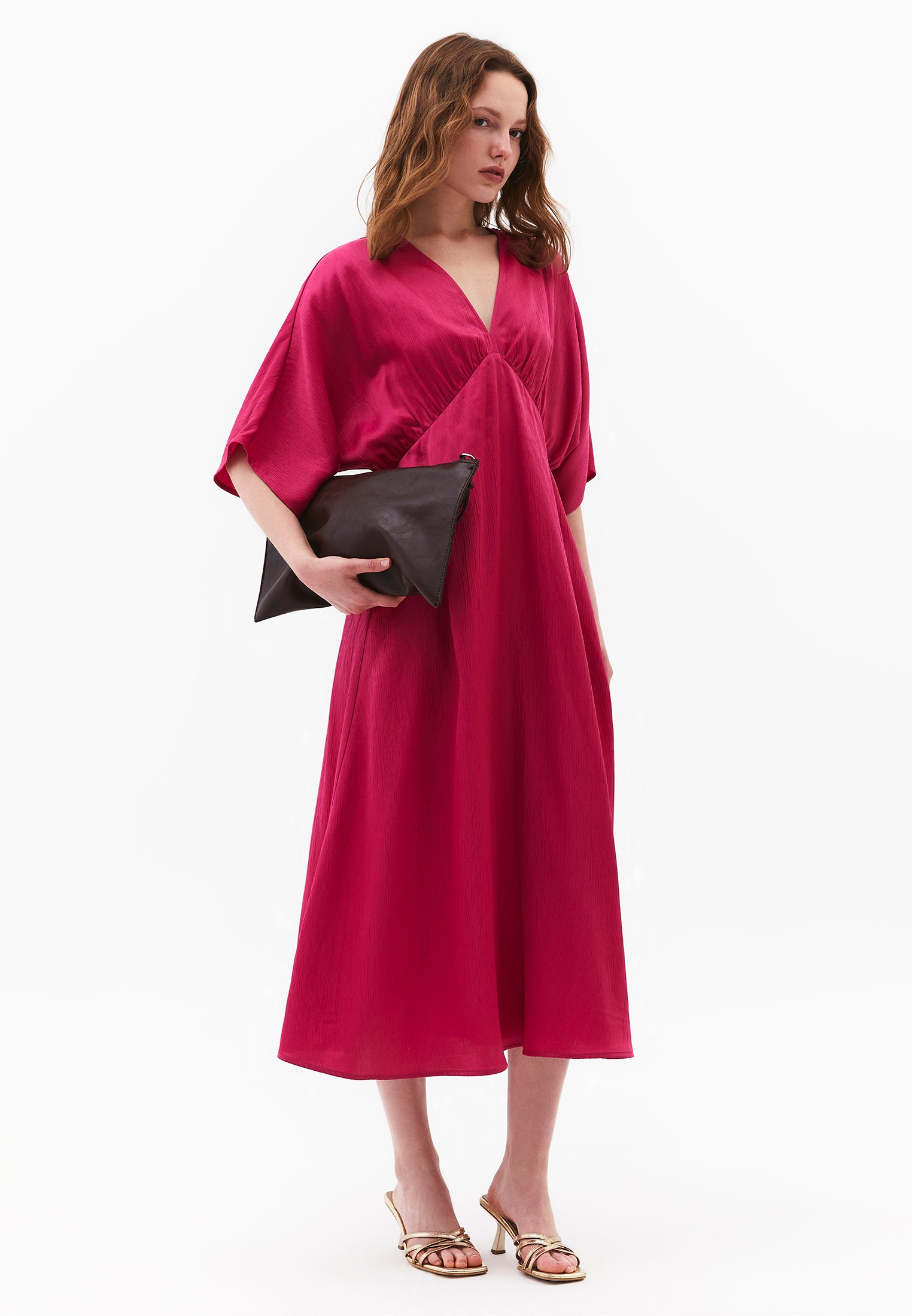 V-Neck Batwing Sleeve Long Dress - VERY BERRY