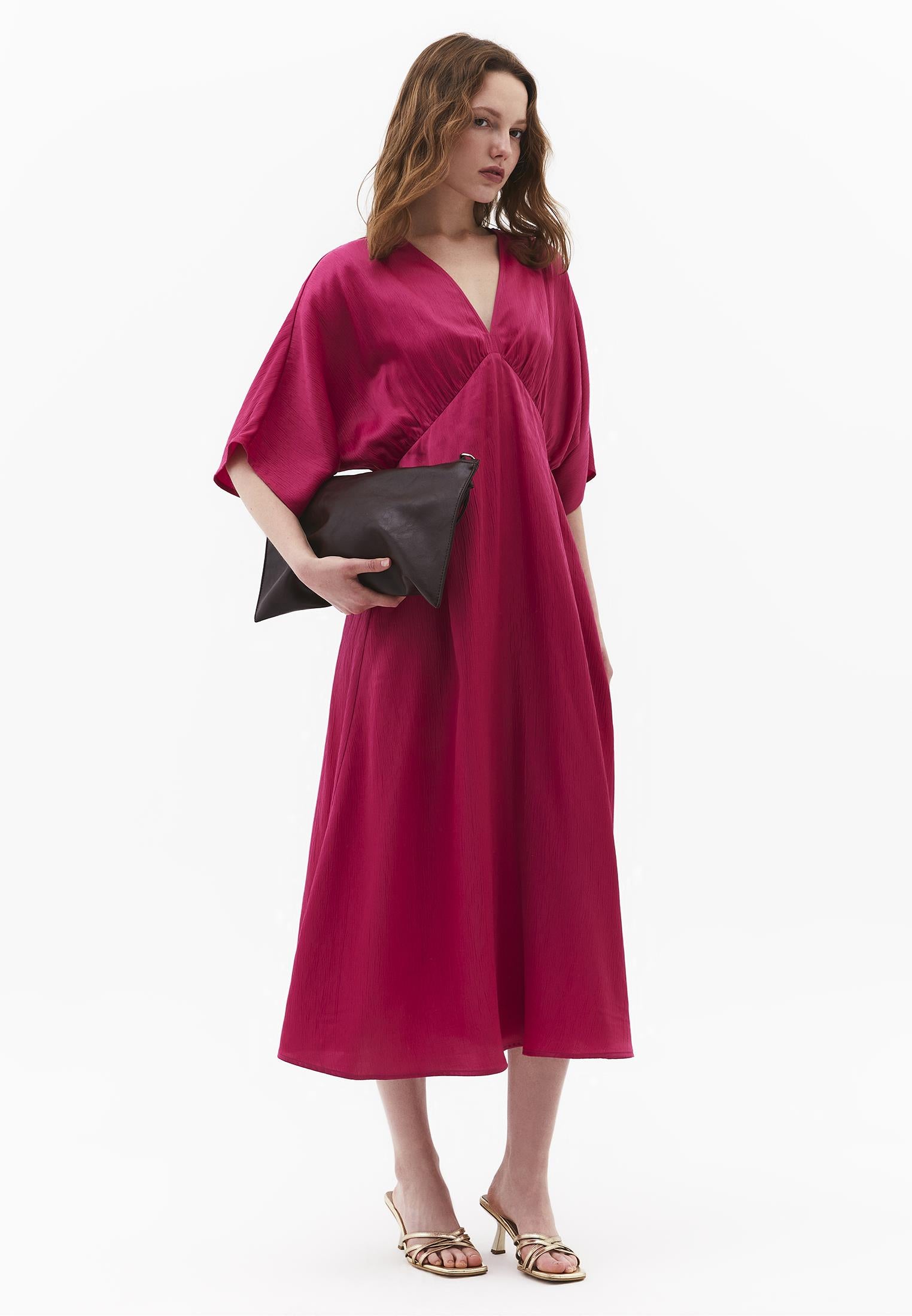 V-Neck Batwing Sleeve Long Dress - VERY BERRY