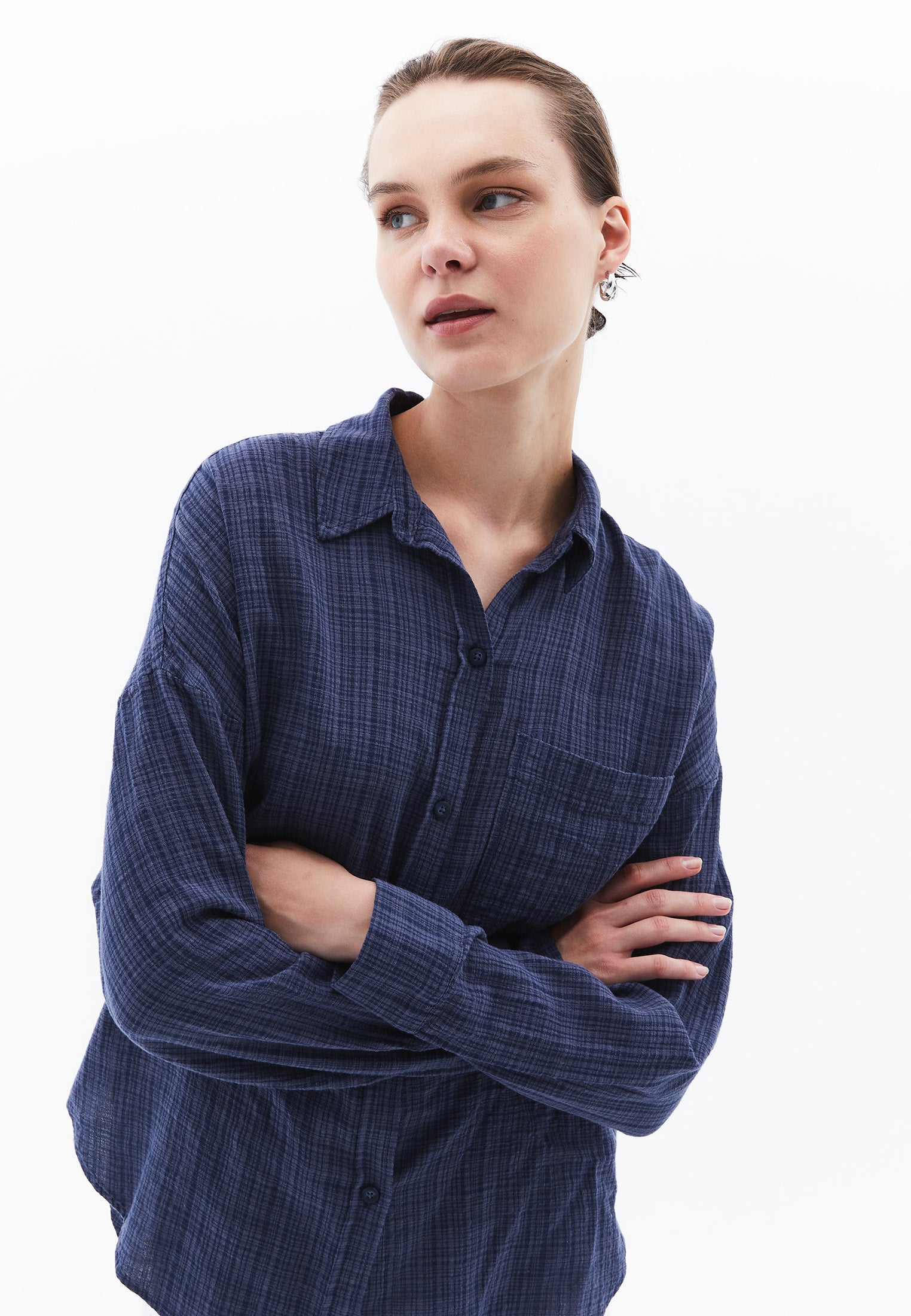 Button Detailed Oversize Long Sleeve Shirt - VINTAGE INDIGO