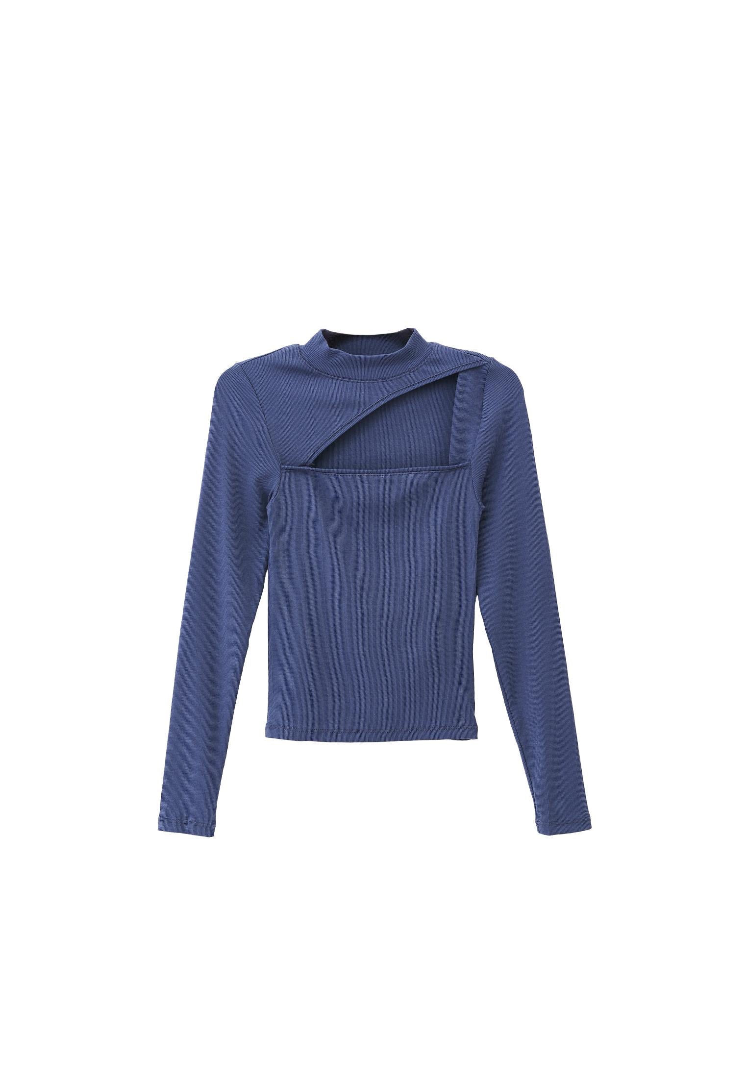 High Neck Long Sleeve Bodycon T-Shirt - VINTAGE INDIGO