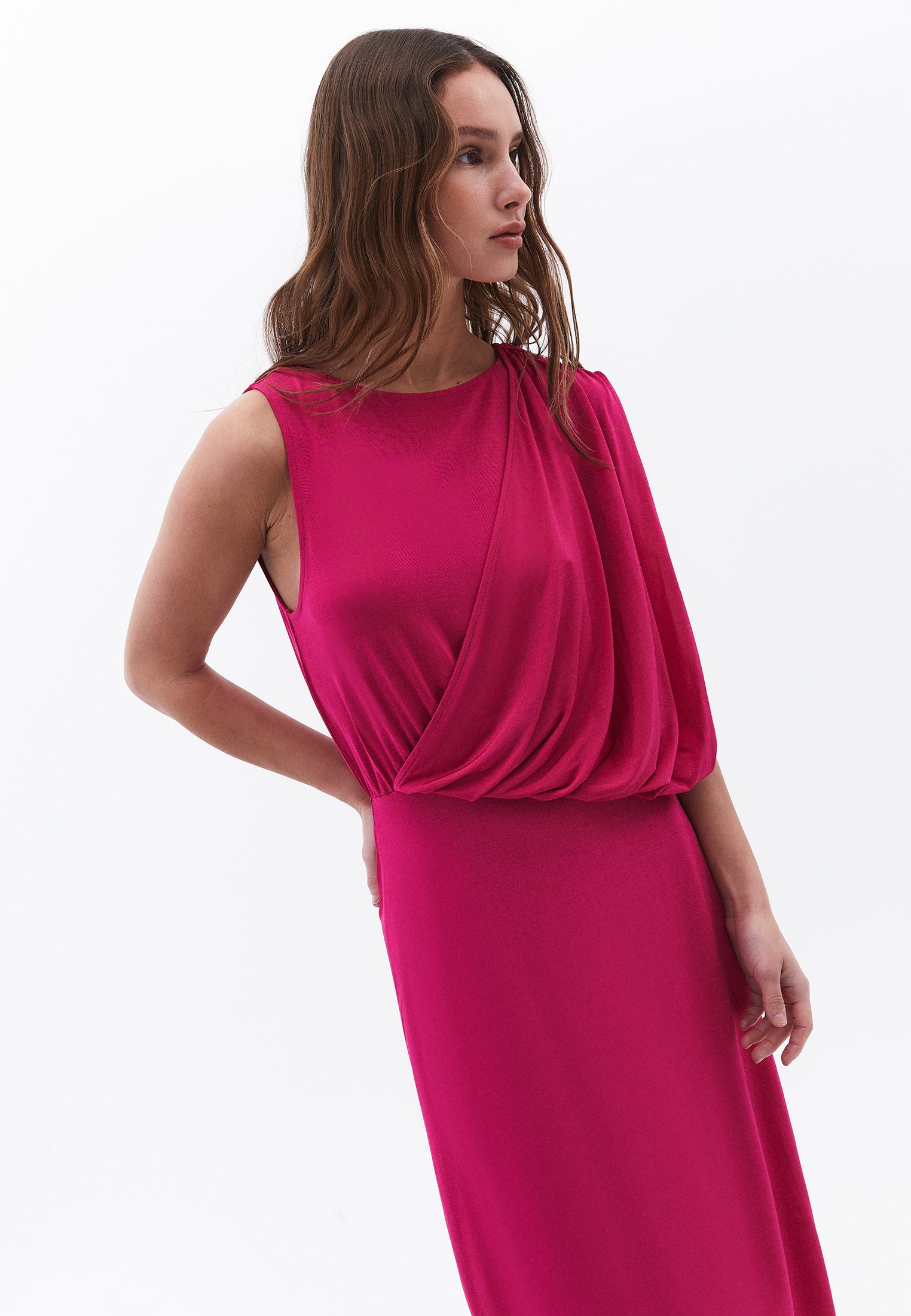 Long Gathered Boat Neck Dress - VIVACIOUS