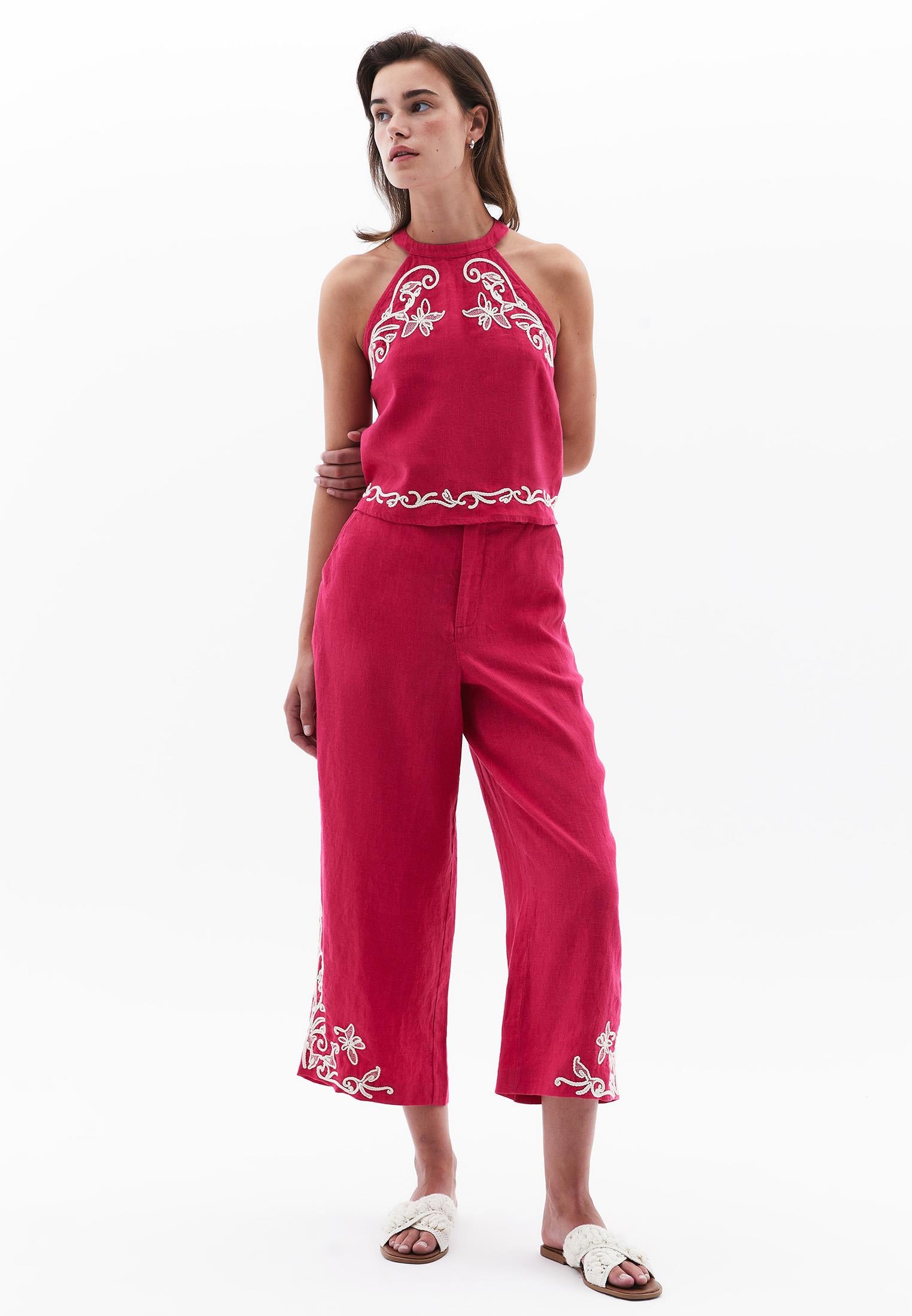 Embroidered Halter Neck Sleeveless Blouse - VIVA MAGENTA