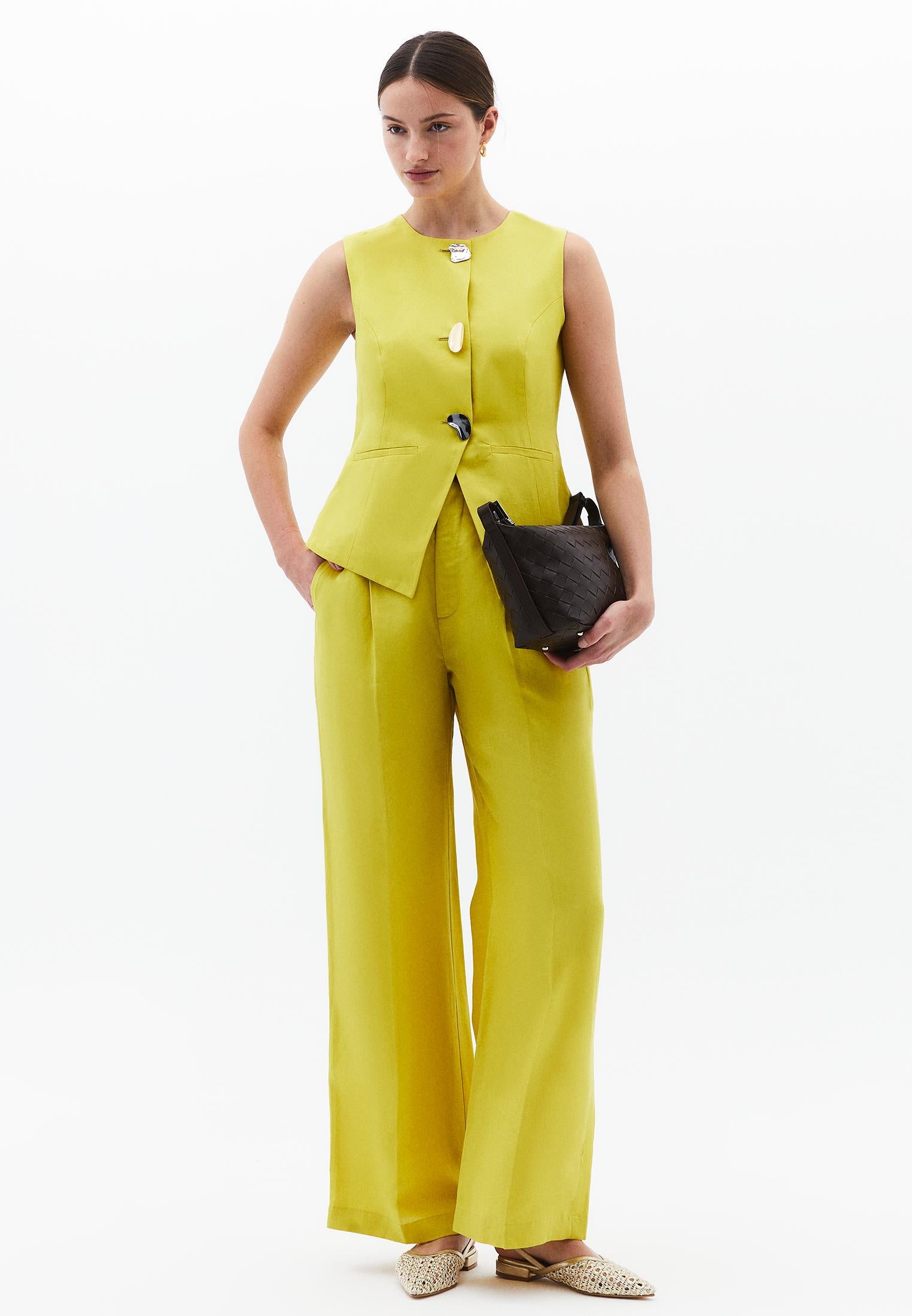 Wide Leg High Waist Button Detailed Pants - WARM OLIVE