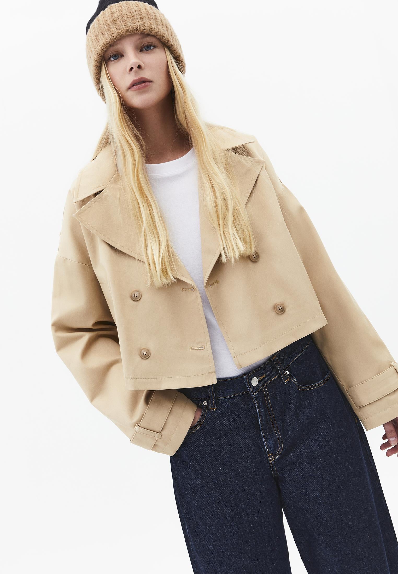 Double Breasted Collar Cropped Trenchcoat - WARM SAND