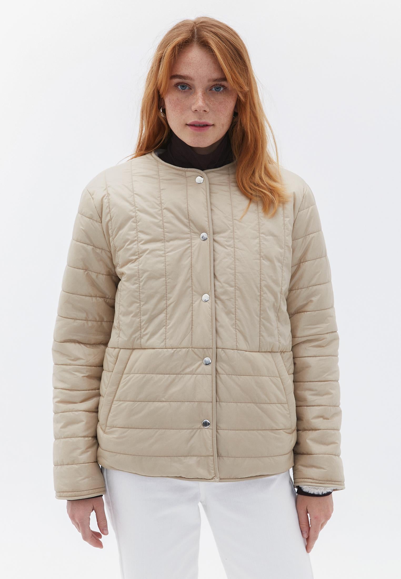 Crew Neck Long Sleeve Quilted Faux Fur Jacket - WARM SAND