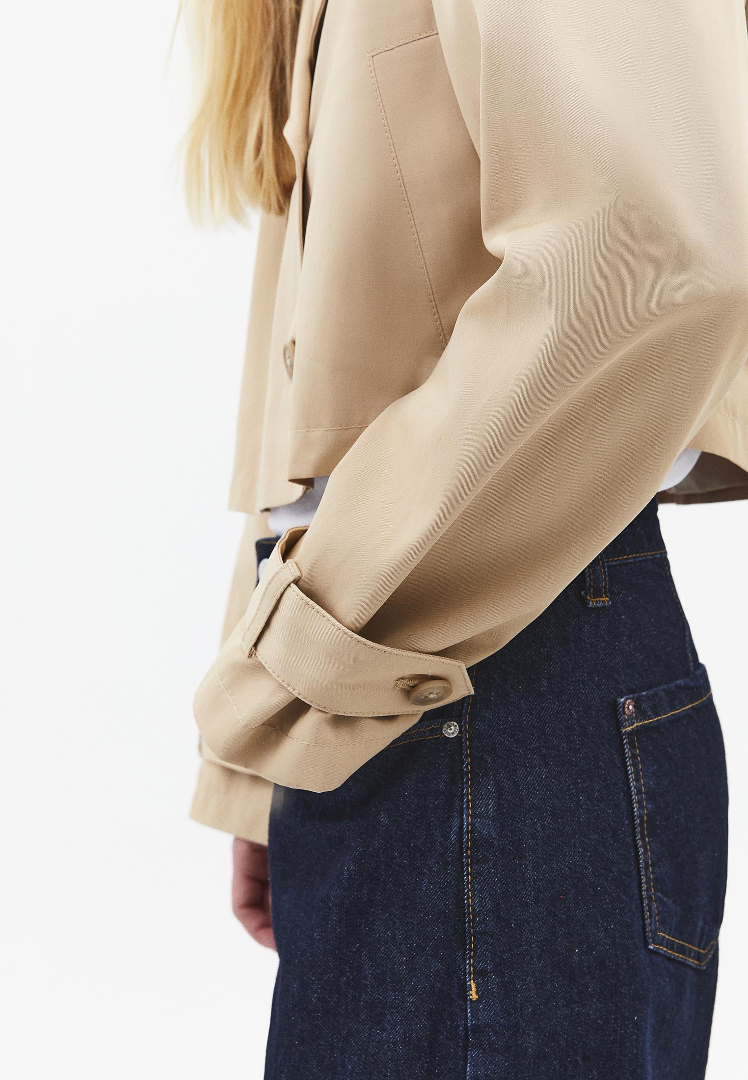 Double Breasted Collar Cropped Trenchcoat - WARM SAND
