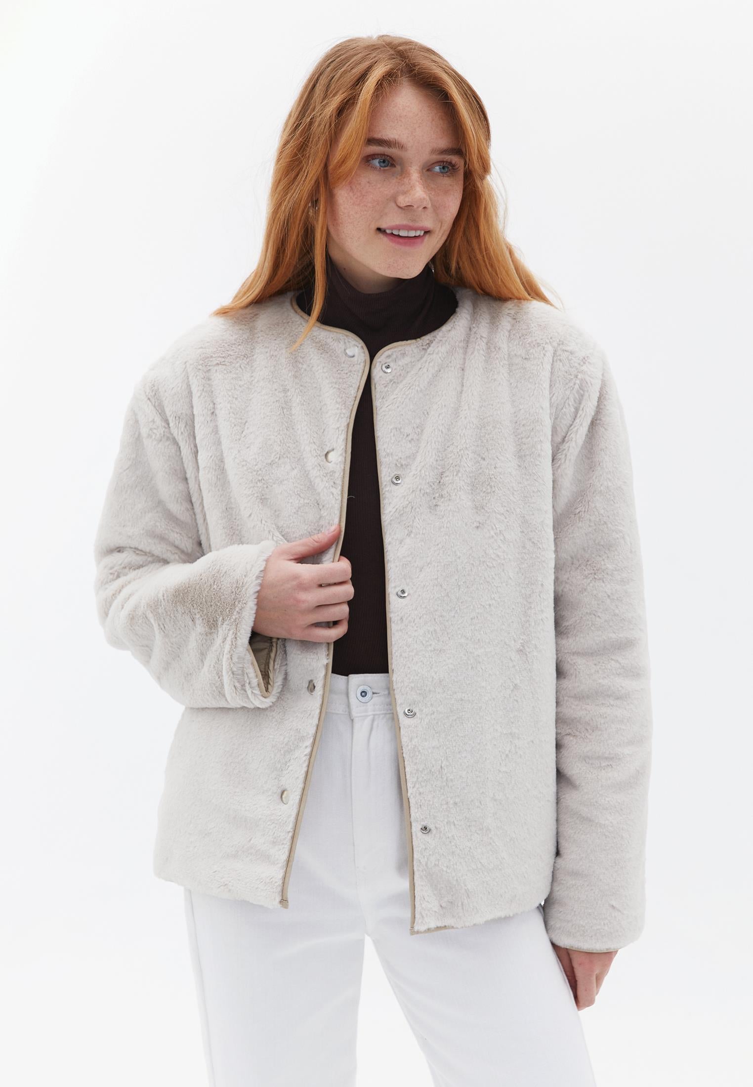 Crew Neck Long Sleeve Quilted Faux Fur Jacket - WARM SAND