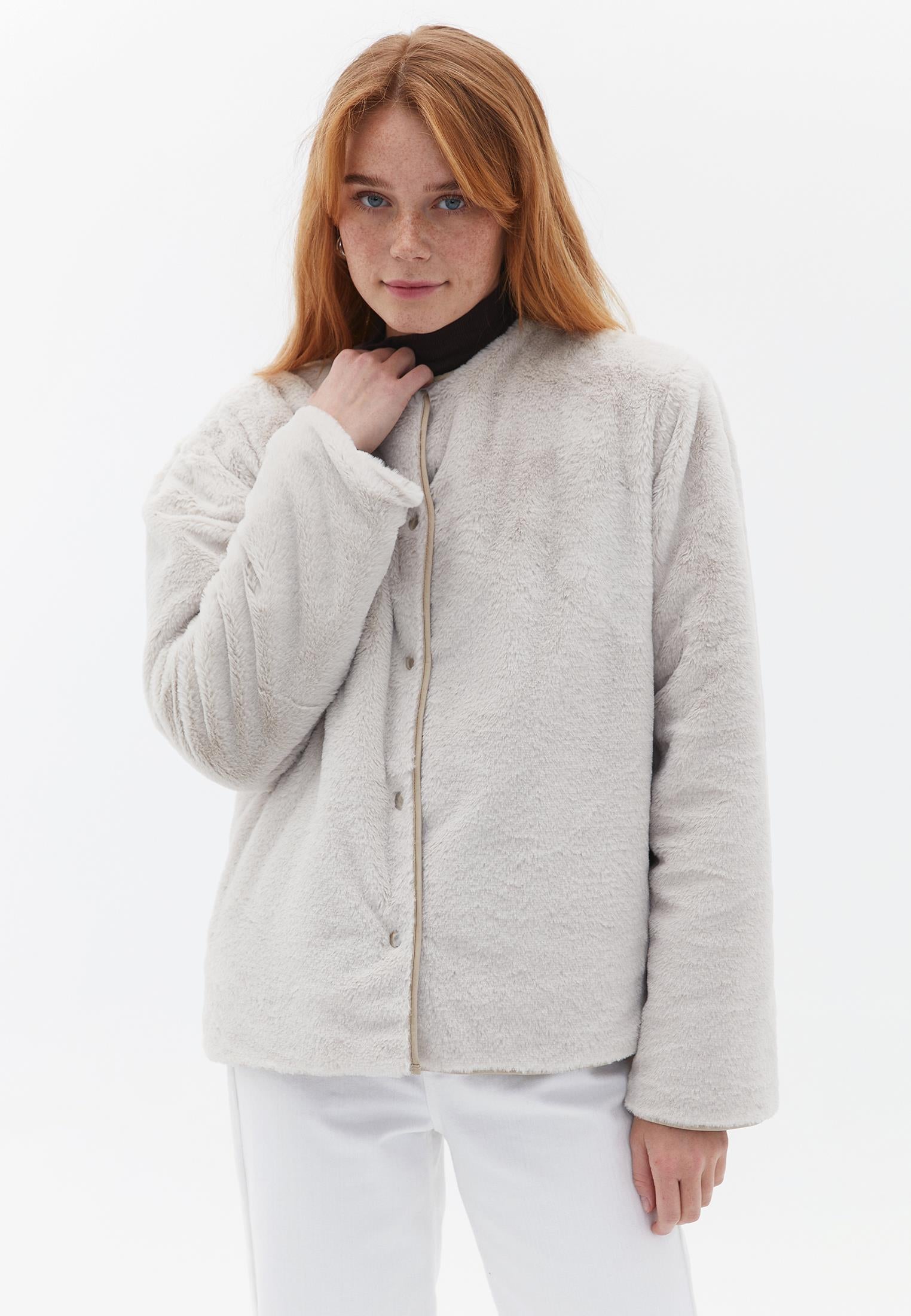 Crew Neck Long Sleeve Quilted Faux Fur Jacket - WARM SAND