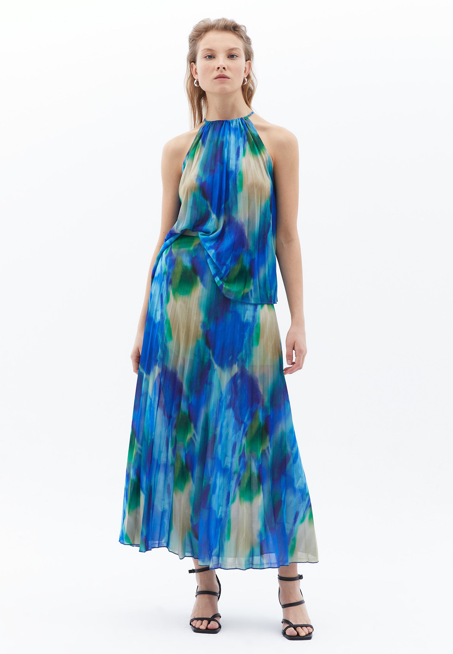 Pleated Printed Long Flared Skirt - WATERCOLOR COMB