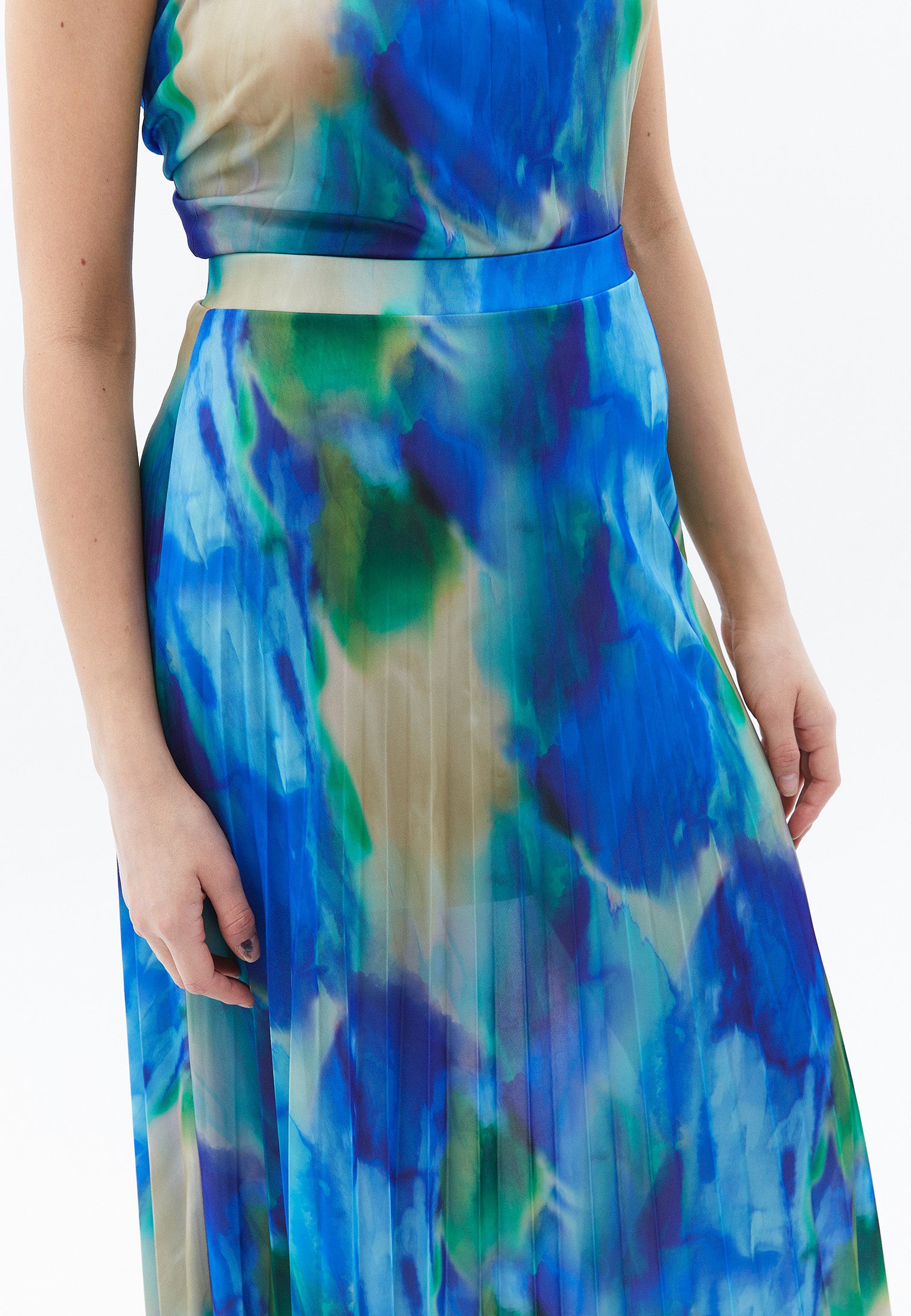 Pleated Printed Long Flared Skirt - WATERCOLOR COMB
