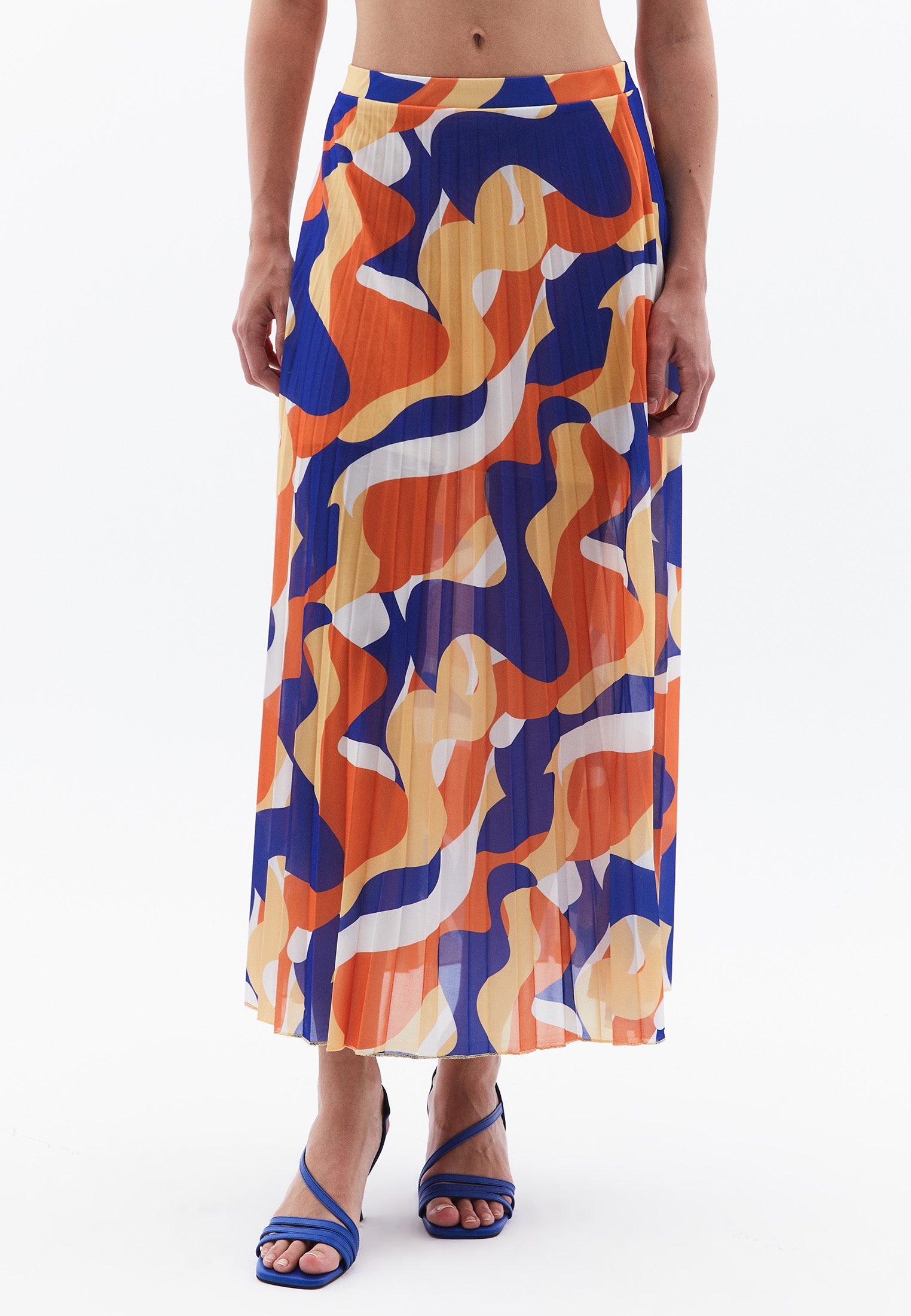 Pleated Printed Long Flared Skirt - WAVE COMB