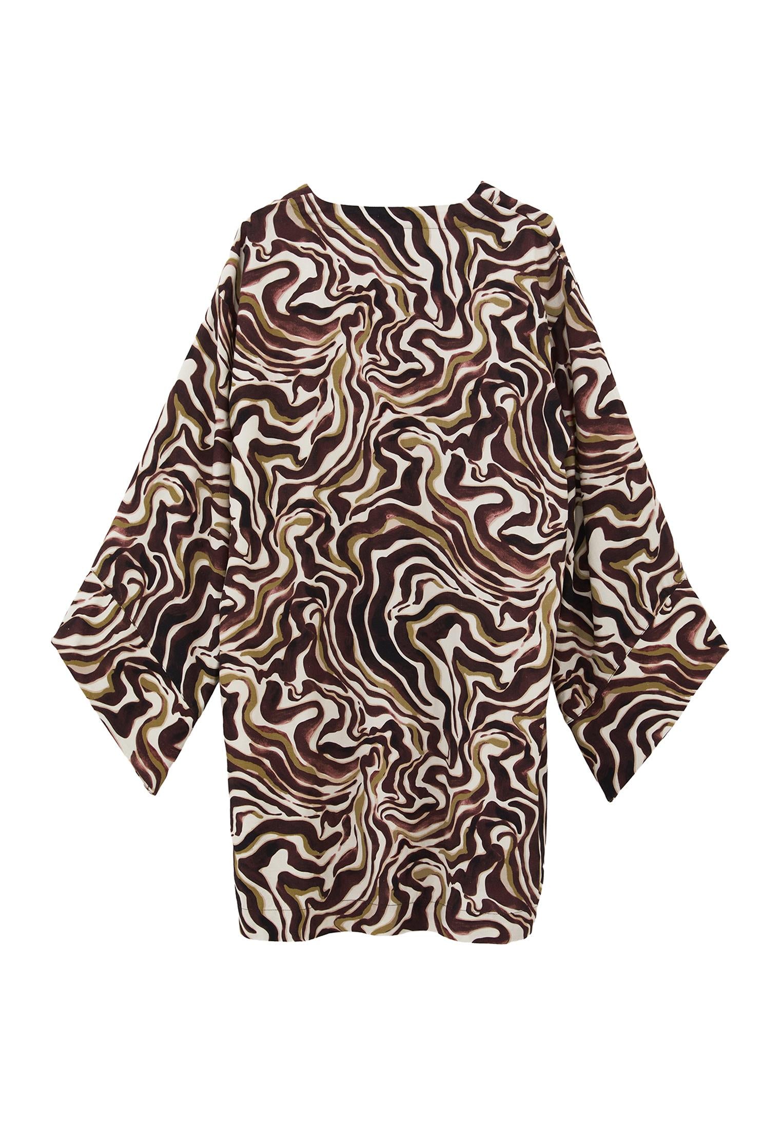 Woven Printed Tied Short V Neck Long Sleeve Dress - WAVY COMB