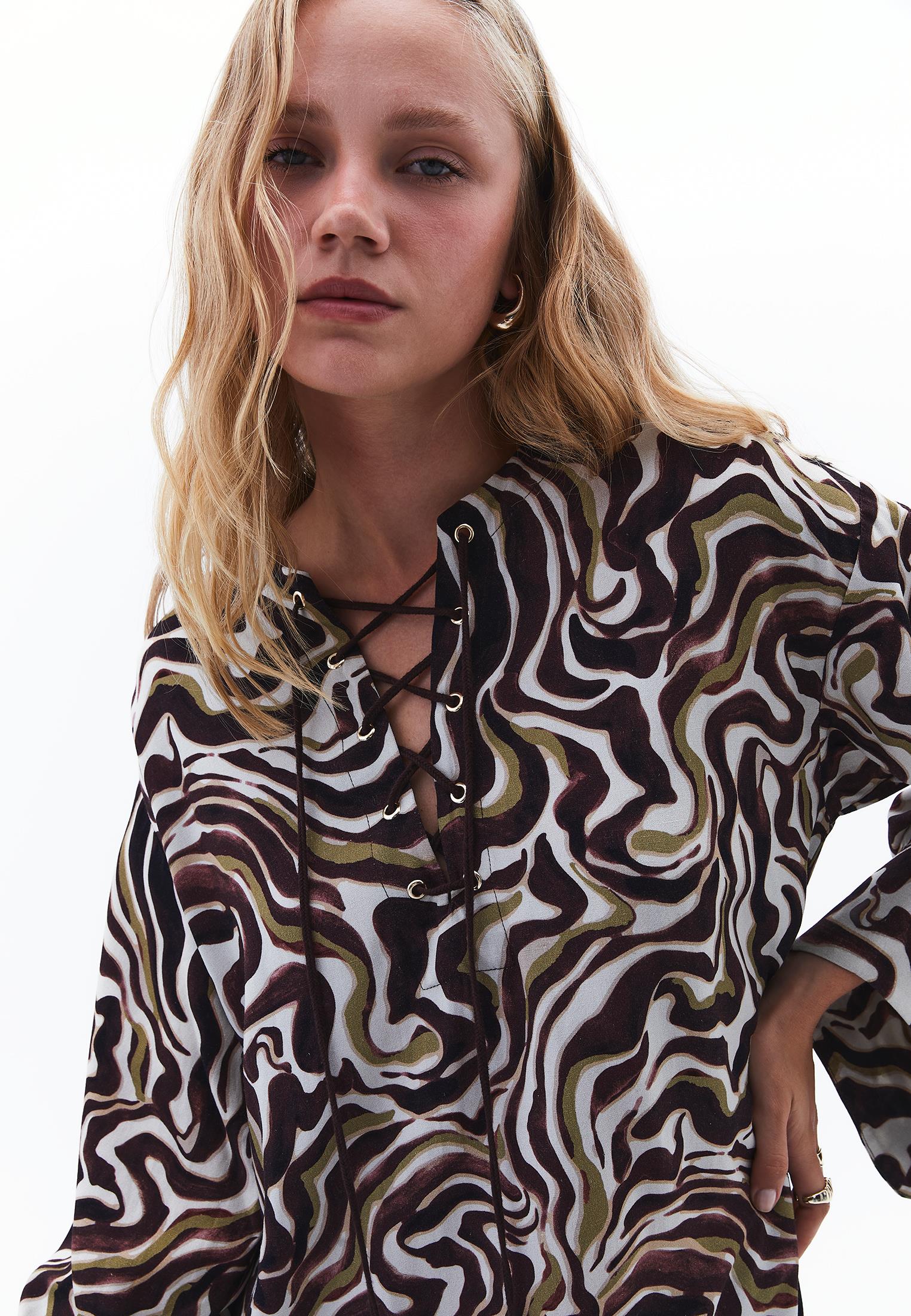 V Neck Printed Tie Long Dress - WAVY COMB