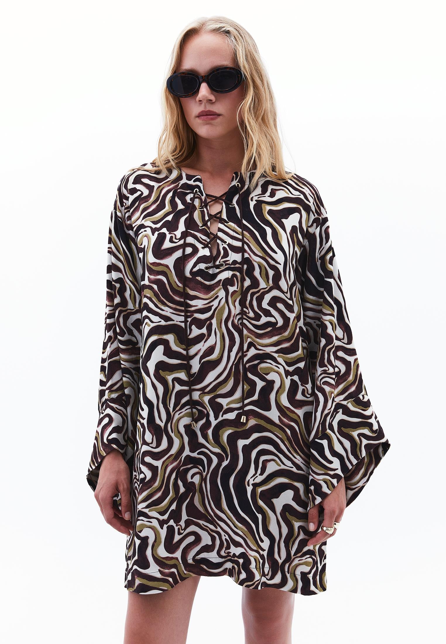 Woven Printed Tied Short V Neck Long Sleeve Dress - WAVY COMB