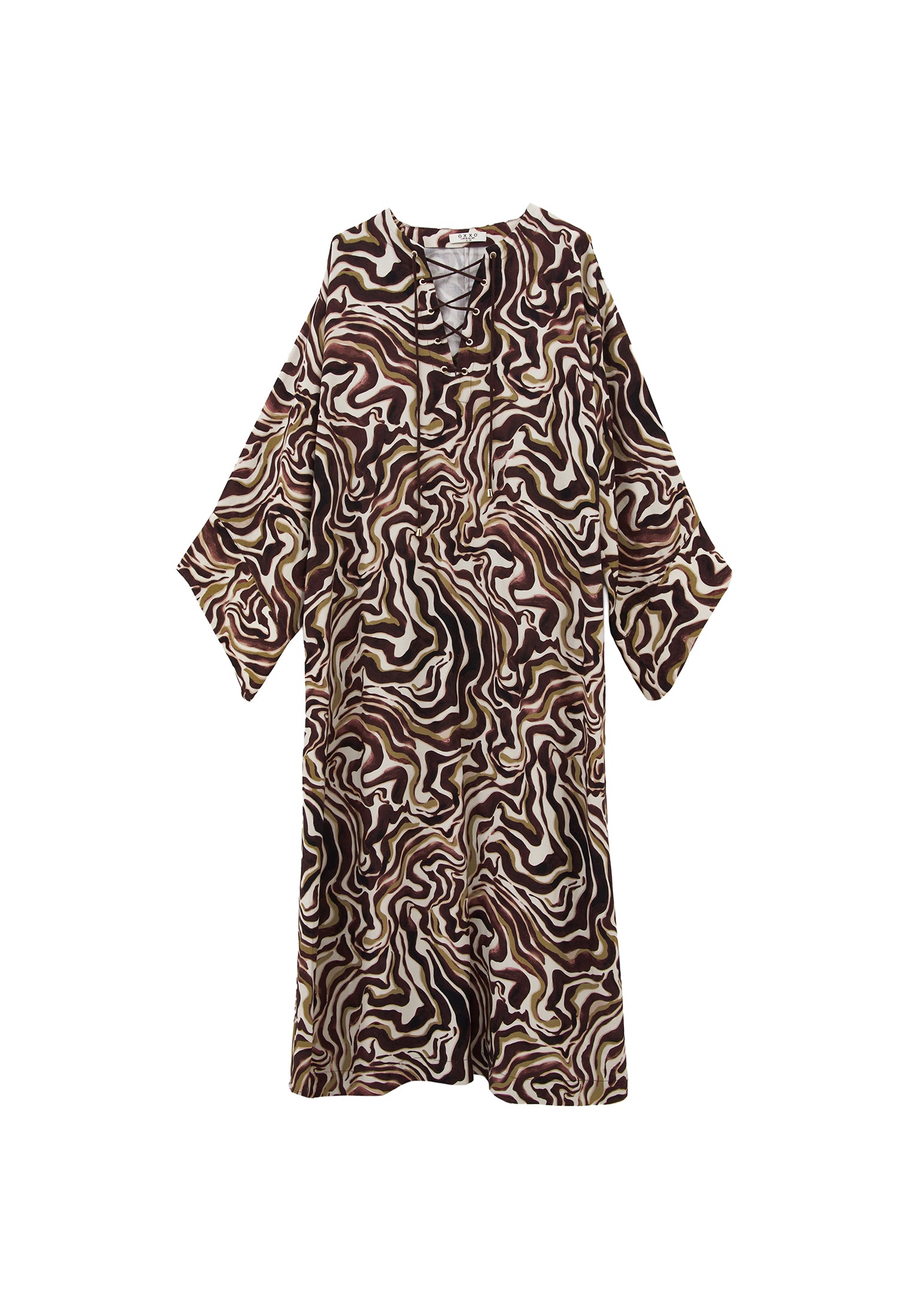 V Neck Printed Tie Long Dress - WAVY COMB