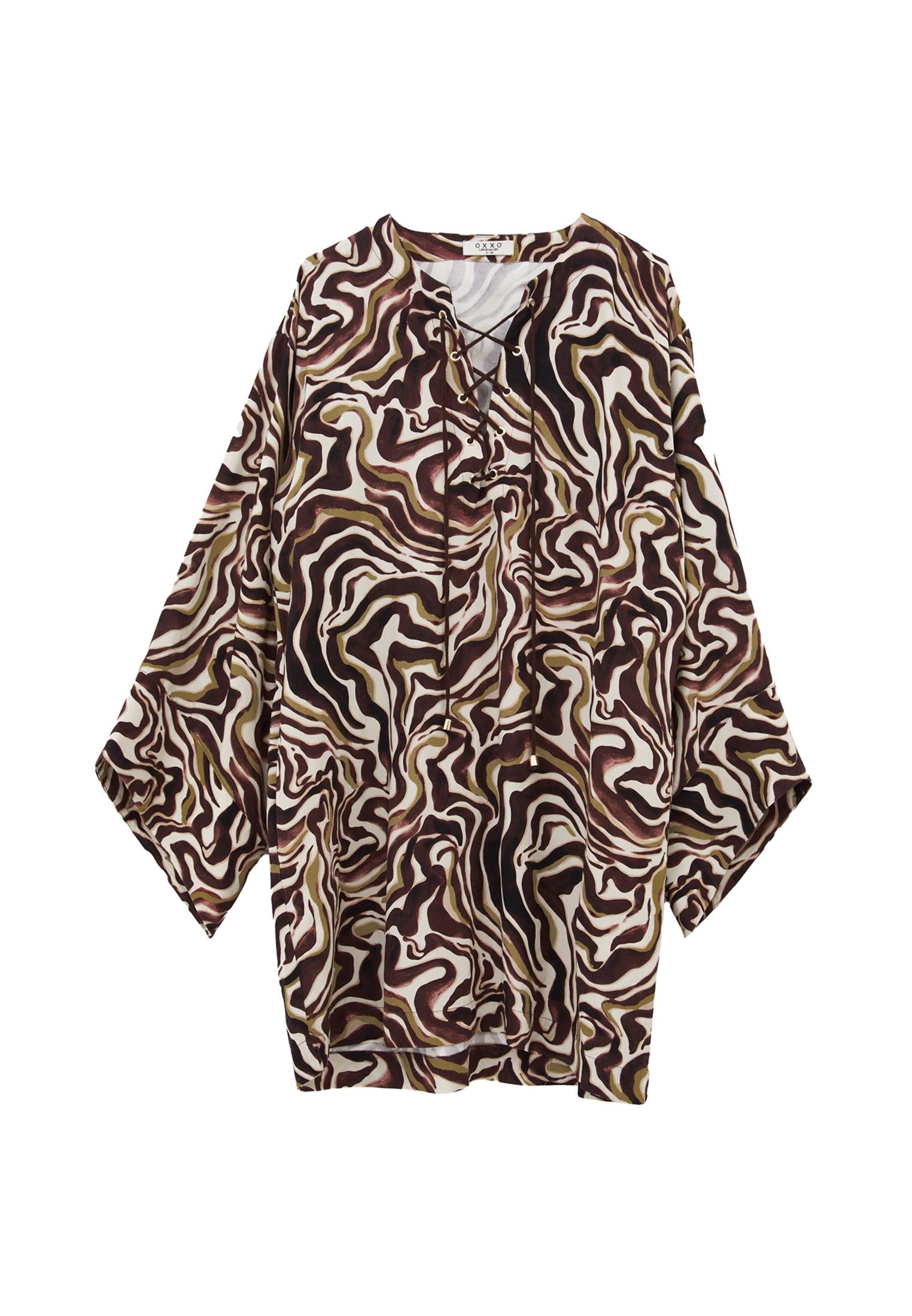 Woven Printed Tied Short V Neck Long Sleeve Dress - WAVY COMB