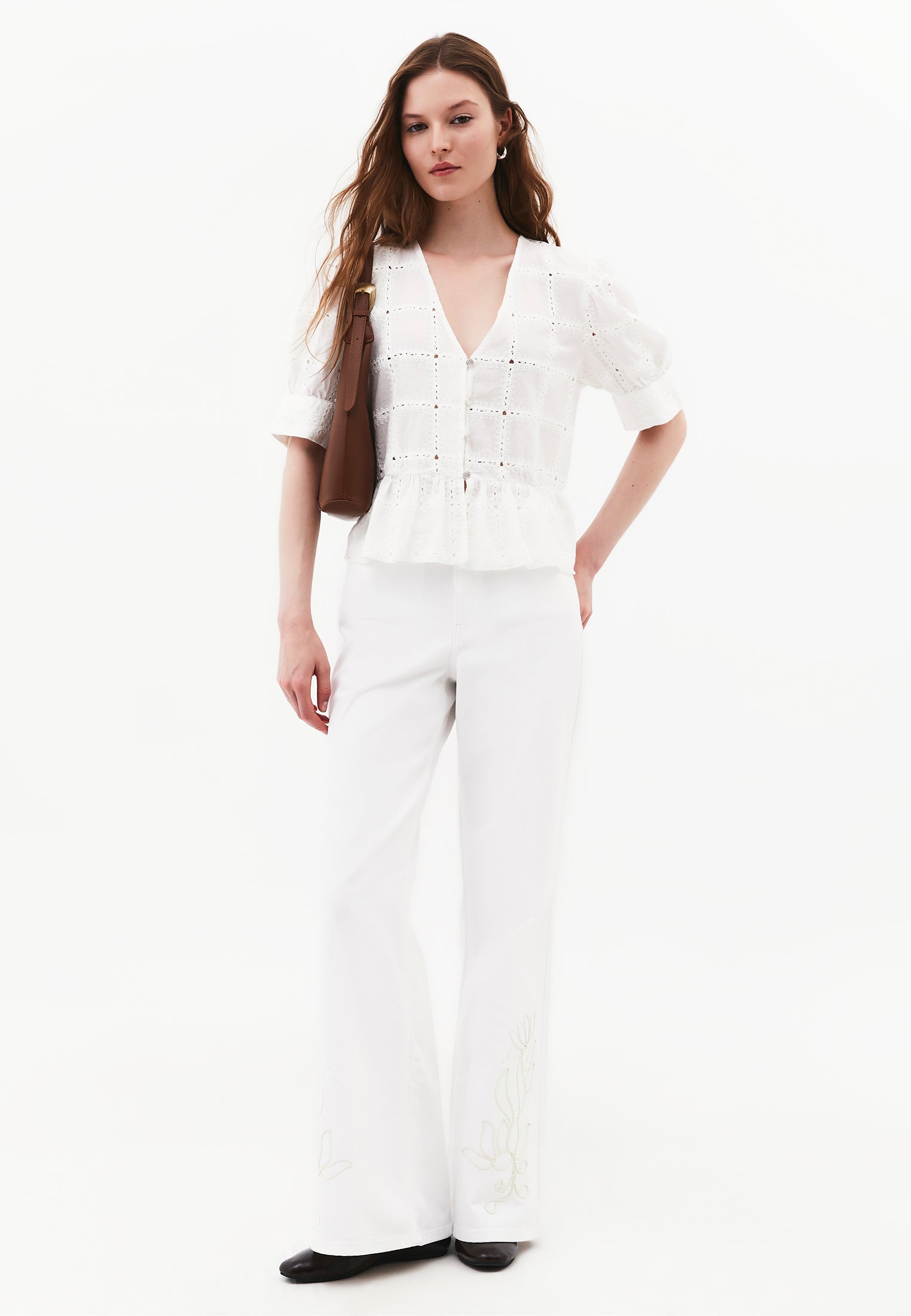 High Waist Wide Leg Embroidered Denim Pants - WHITE DENIM